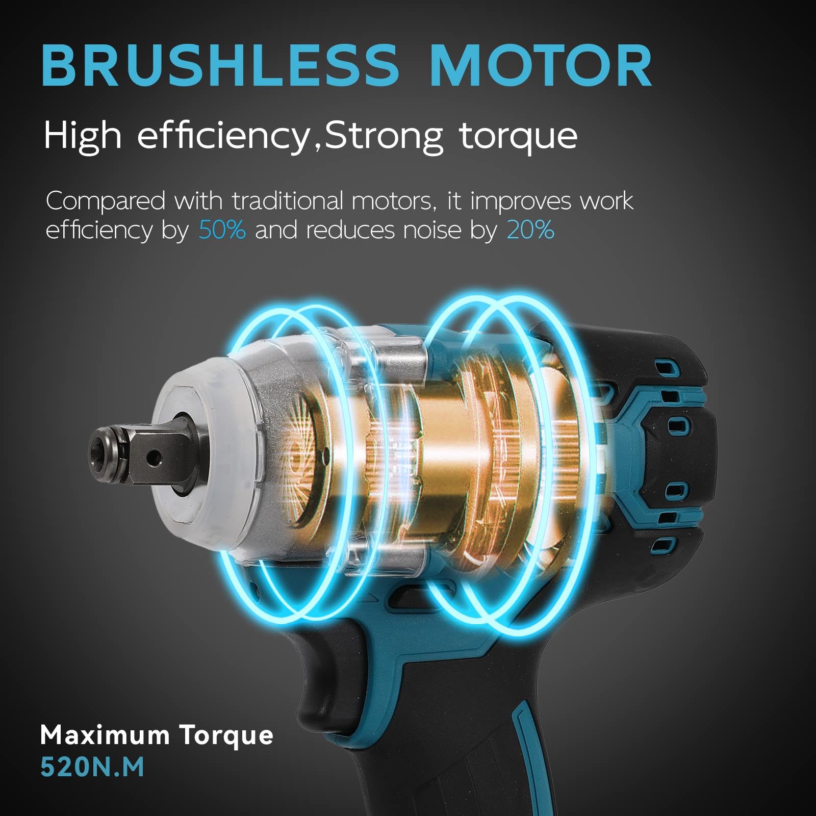 Clé à Chocs sans fil Brushless, Boulonneuse à choc Electrique 1/2", 520 N.M clé à chocs avec LED, 4200RPM avec 2 x 4.0 Ah batteries, pour la maison et la voiture