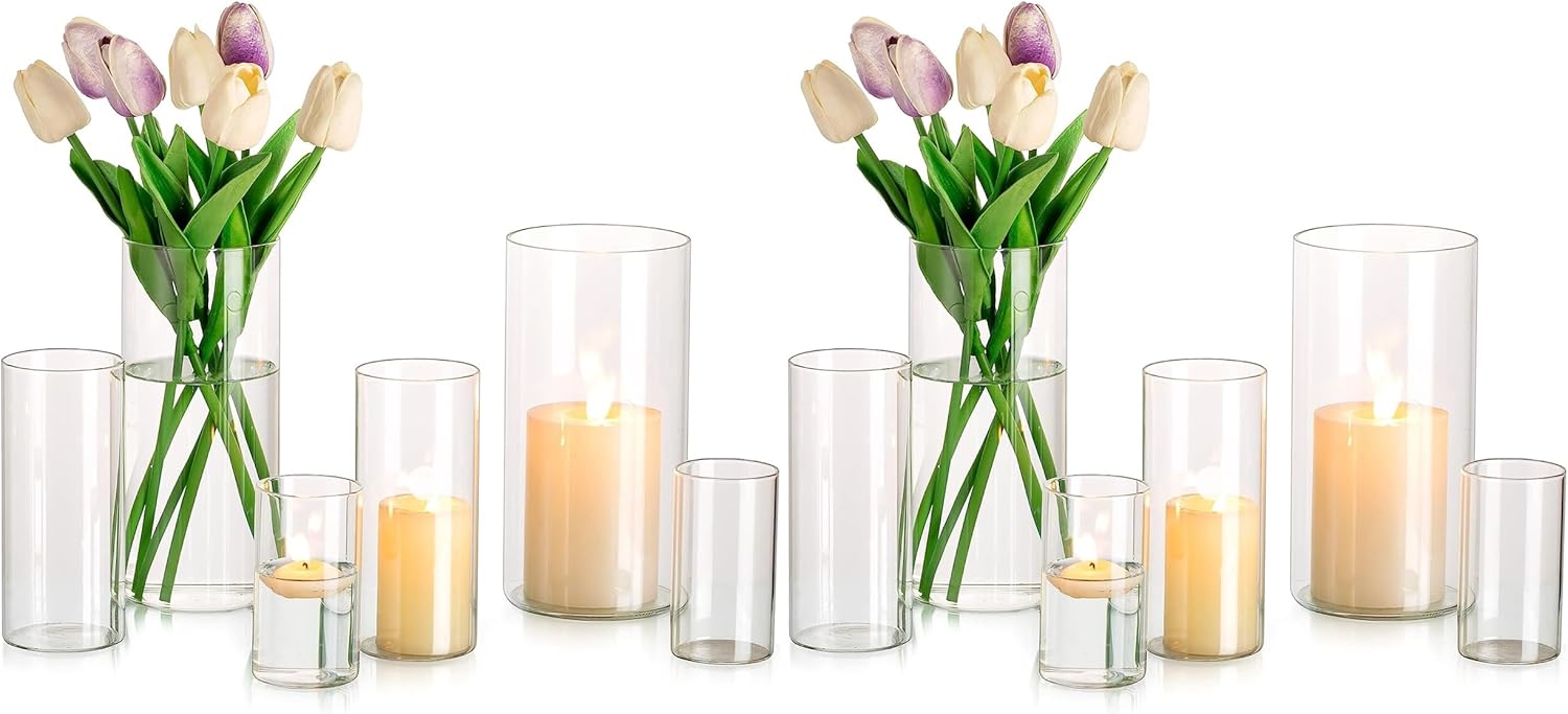 Glasseam Cylinder Vases Set of 12, Hurricane Candle Holder Clear Different Sizes, Modern Glass Cylinder Vase, Glass Vases for Centerpieces for Home Decor Wedding Centerpieces, Events, 4''+ 6''+7.8'' 12 S+M+L