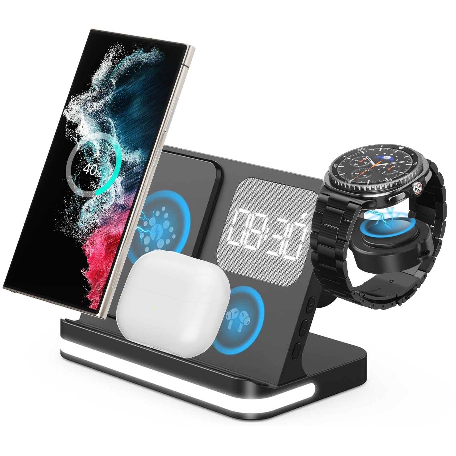 4 in 1 Wireless Charger with Alarm Clock Compatible for Galaxy Watch 8/7/Ultra/FE/6 Pro Galaxy S25/Ultra/S25+/S24/S23/Note 20/Z Flip 7/6/5 Fold 6 Galaxy Buds 3/2/Pro Multiple Devices Charging Station