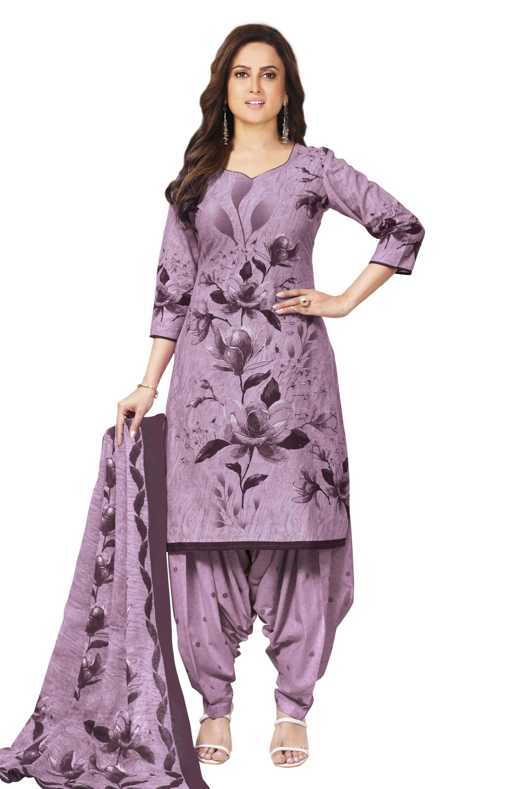 Unstitched Printed Cotton Salwar Suit Dress Material For Women (SANRAN2381, Pink, Free Size)