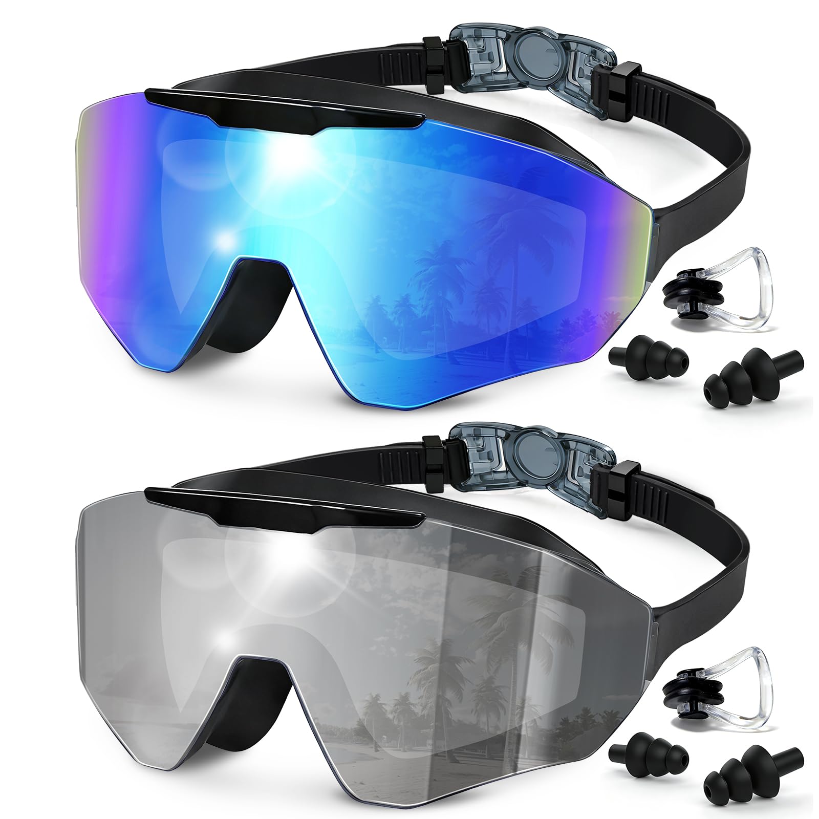 FUSHI&MON 2 Pack Swimming Goggles, No Leak Wide Vision Adult Swim Goggles for Men Women Youth, Anti-Fog & UV Protection, Soft Silicone Comfort Goggles with Case for Indoor & Outdoor Pool