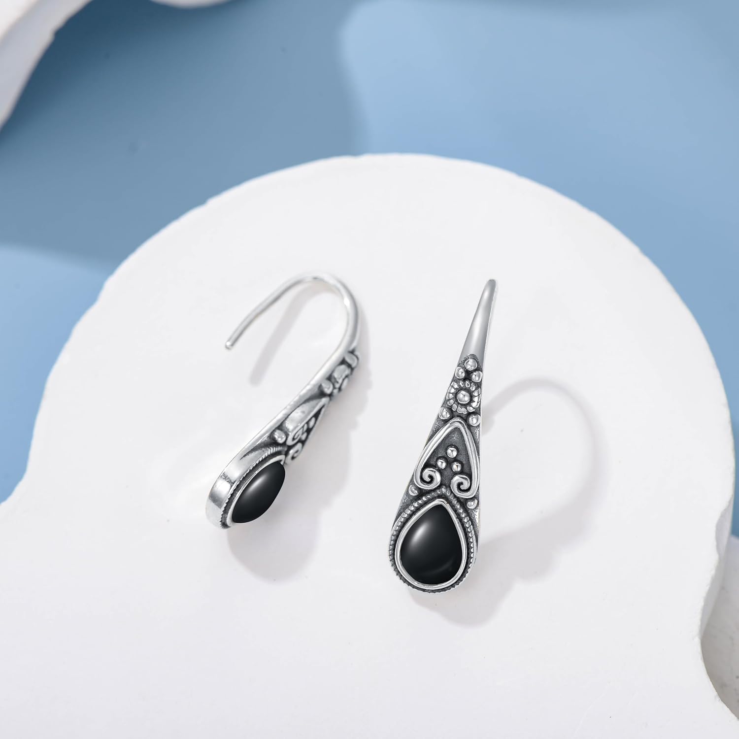 925 Sterling Silver Vintage Water Drop Pull Through Drop Earrings with Black Onyx/Moonstone, Birthday Mother's Day Gift for Women - Image 3