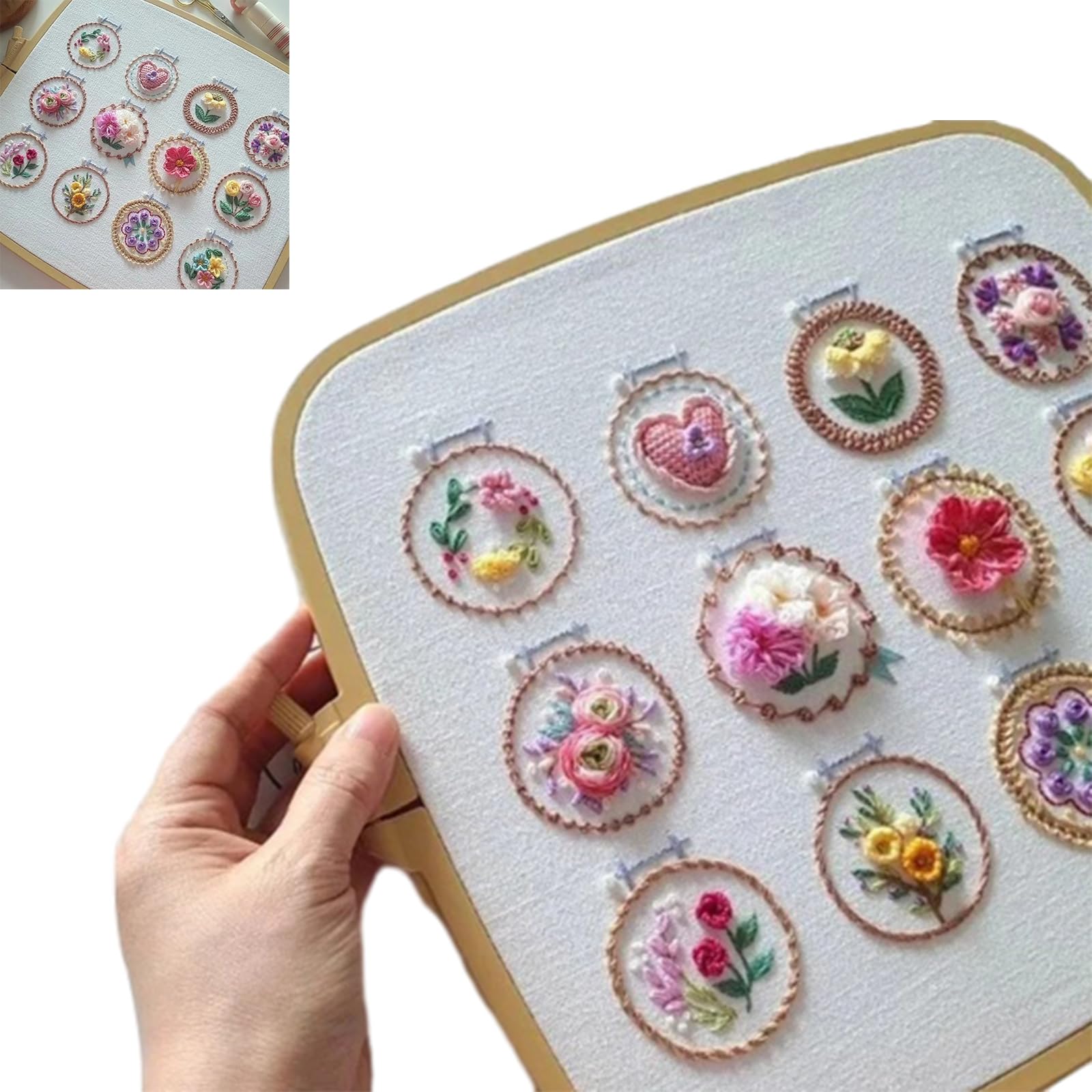 FAIZK Small Flower Frame Embroidery Kit, Learn 12 Different