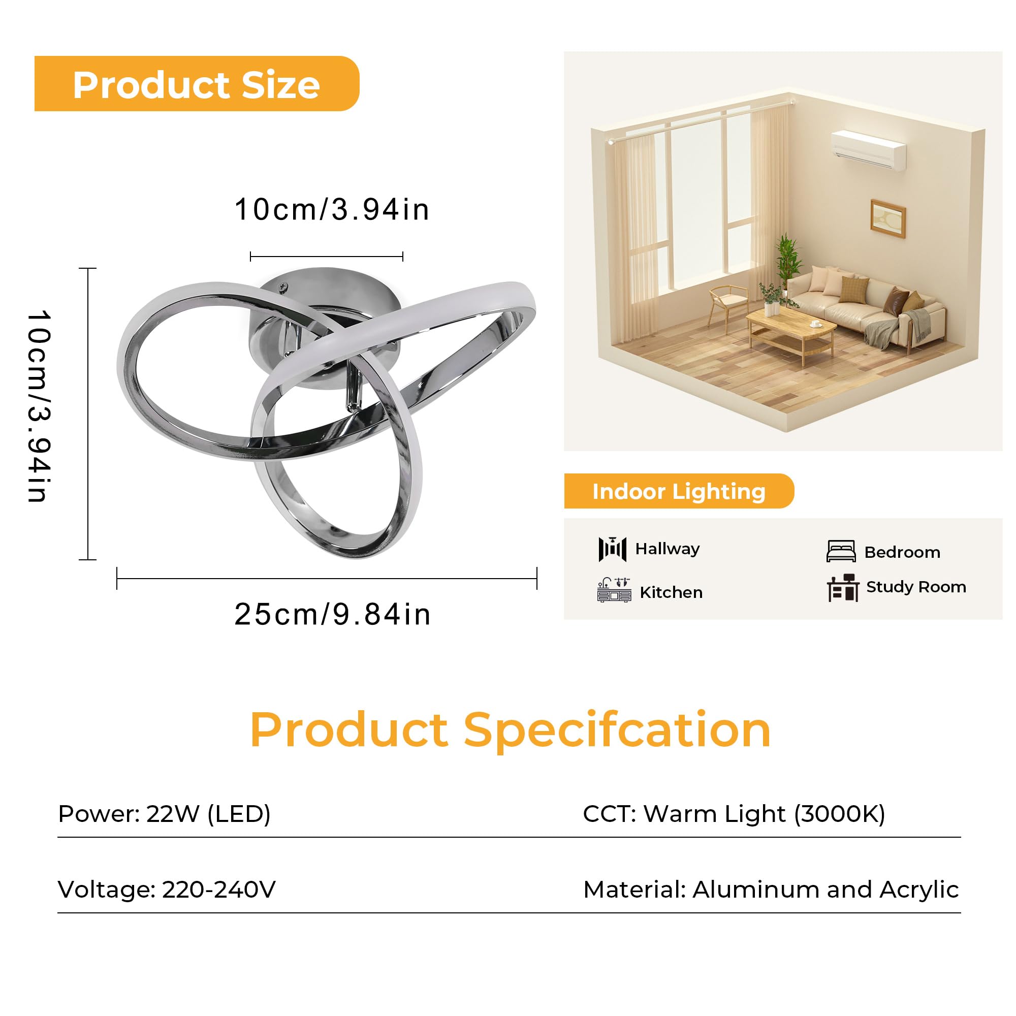 Comely Plafon LED Nowoczesny, Oprawa Sufitowa LED 22W 2475LM Oprawa, Żyrandol Do Korytarza Kuchni Sypialni Jadalni Balkonu, Ciepła Biel 3000K, Srebrny, Średnica 25cm