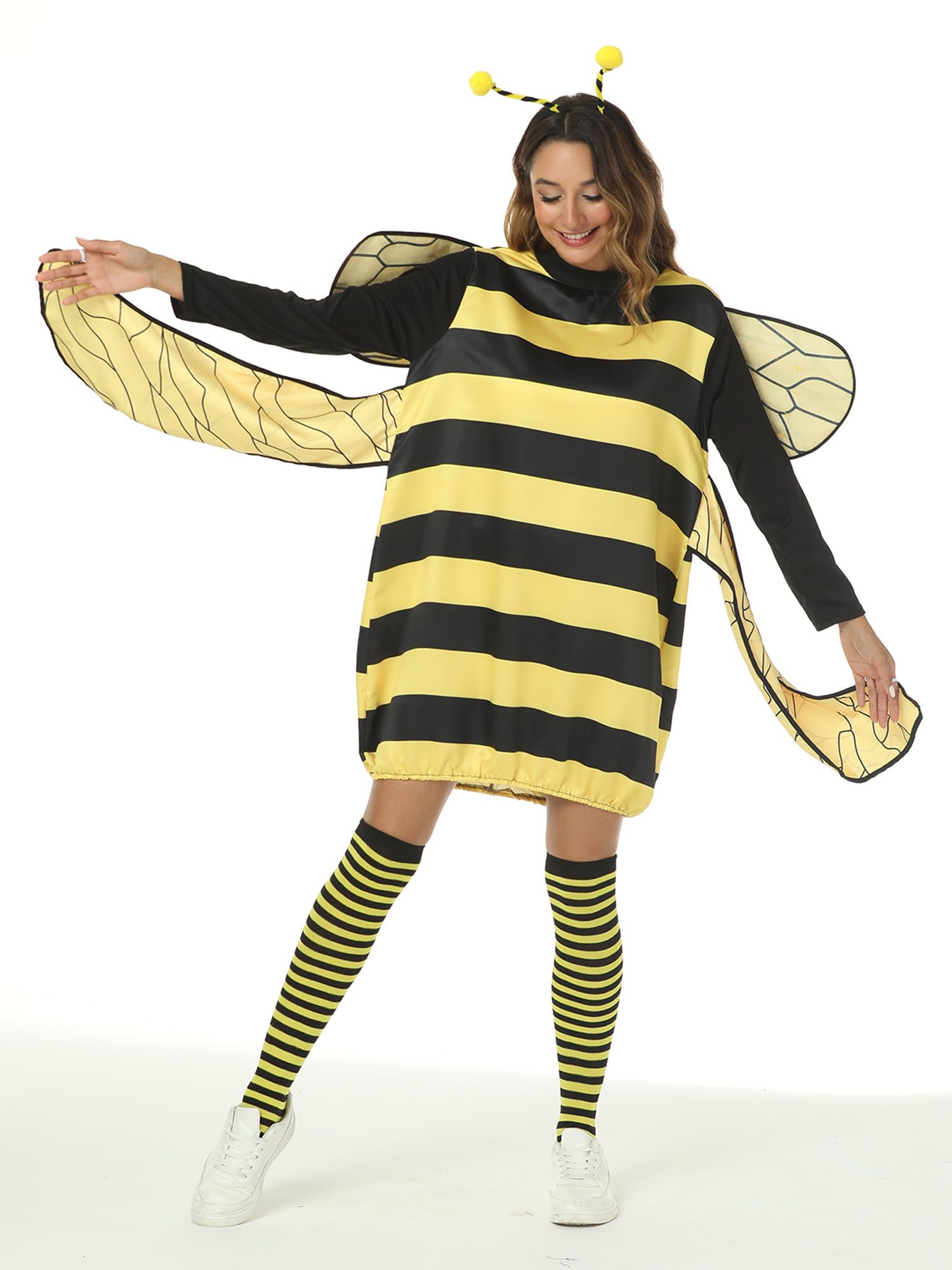 Springcmy Women Kid Halloween Costume Cosplay Set Bee Dress with Wings Headband Leg Sleeves Party Cosplay Fancy Dress - Image 3