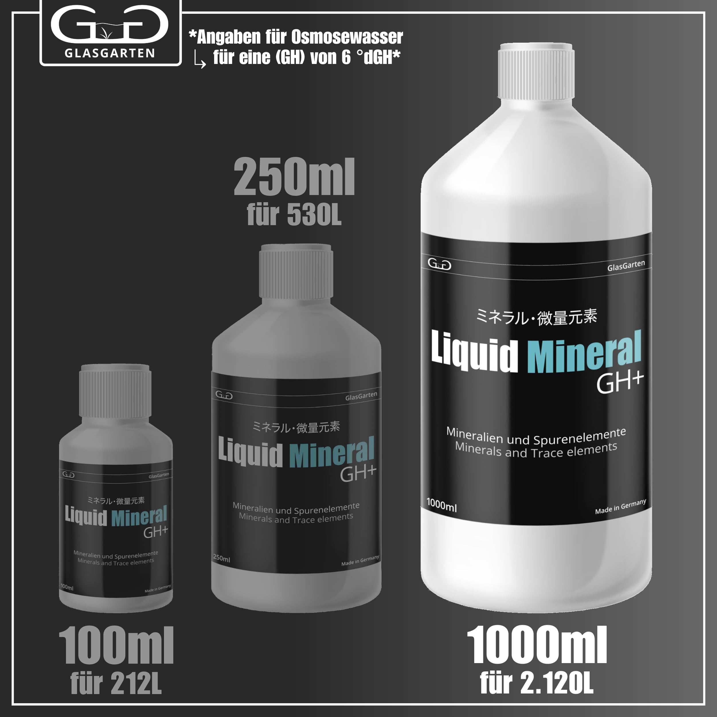 GlasGarten Liquid Mineral GH+ | 1 L/ 1000ml – flüssiges Mineralsalz zur Aufbereitung & Remineralisierung von Osmosewasser, Regenwasser, weichem Leitungswasser & vollentsalztem Wasser