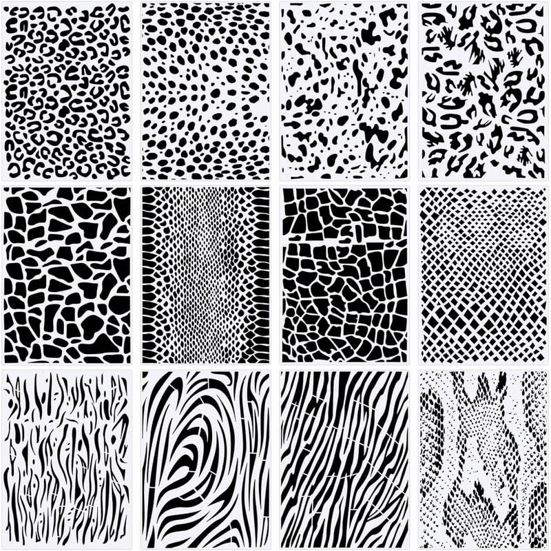Devasya Crafts 12 Pieces Leopard Skin Stencils Leopard Pattern Templates Animal Print Stencil Reusable Plastic Leopard Print Templates Stripe Stencil for Painting Baking Crafts Wall Furniture Home Decor