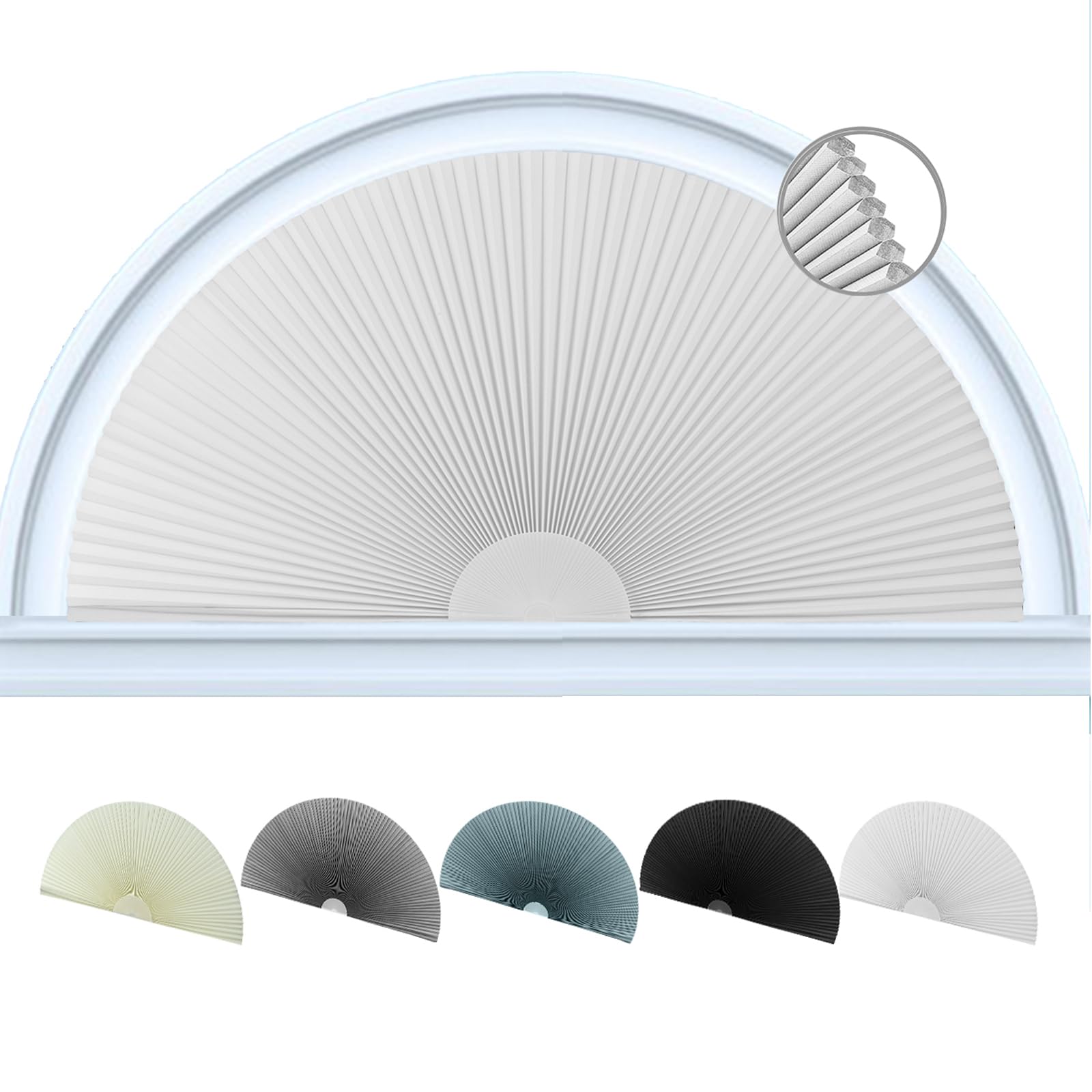Jlong Arch Window Shade Blackout Half Circle Moon Pleated Fabric No Drill Blinds for Windows Semicircular Cellular Shades Half Round Window Covering Easy Install (1, White, W*H: 36