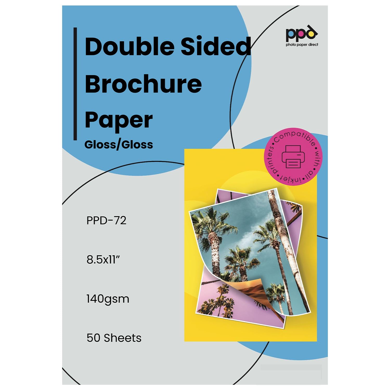 PPD Double Sided Photo Paper, Glossy Brochure Paper 8.5 x 11 for Inkjet Printer, 140 gsm, 6.2 mil Thick for Magazine, Flyer, Presentation, Program, Instant Dry & Water Resistant (50 Sheets)
