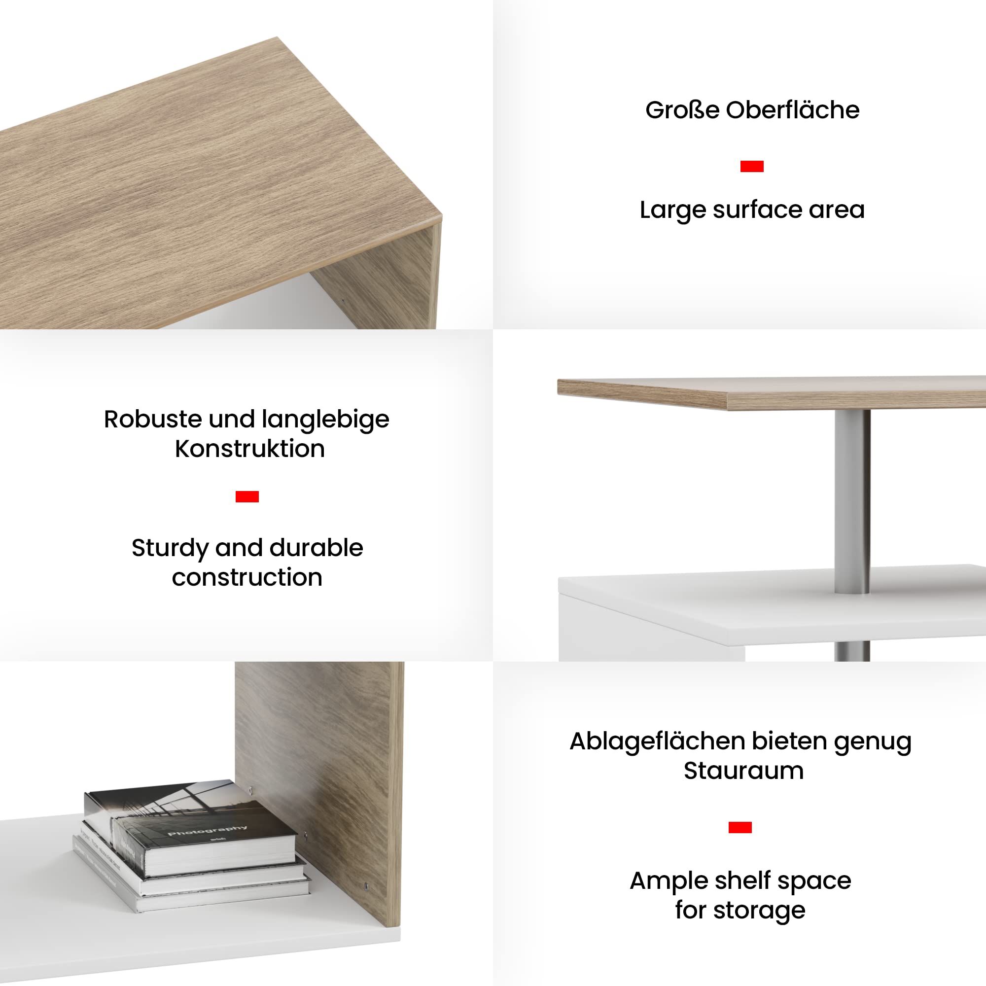 MIADOMODO® Couchtisch-90x50 cm, mit Stauraum, Modern, Eckig, Asymmetrisch, Leicht, Lang, Niedrig, Weiß mit Betonoptik/Eichenoptik/Grau - Wohnzimmertisch, Kaffeetisch (Weiß-Eicheimitat)
