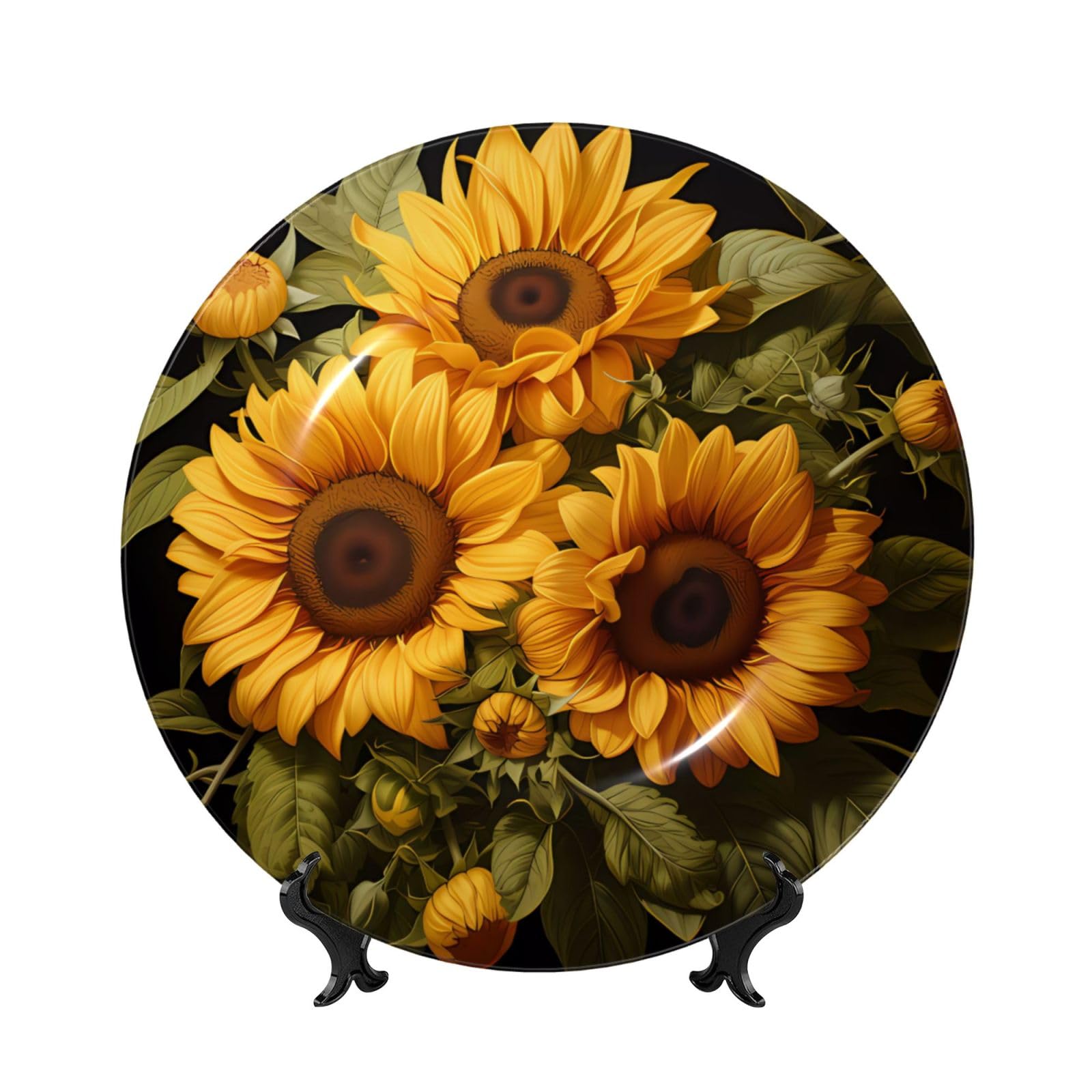 SXZVVBN with the yellow sunflower Bone China Decorative Plate Art with Stand Removable Adhesive Hanging for Home Office 6in（15cm）