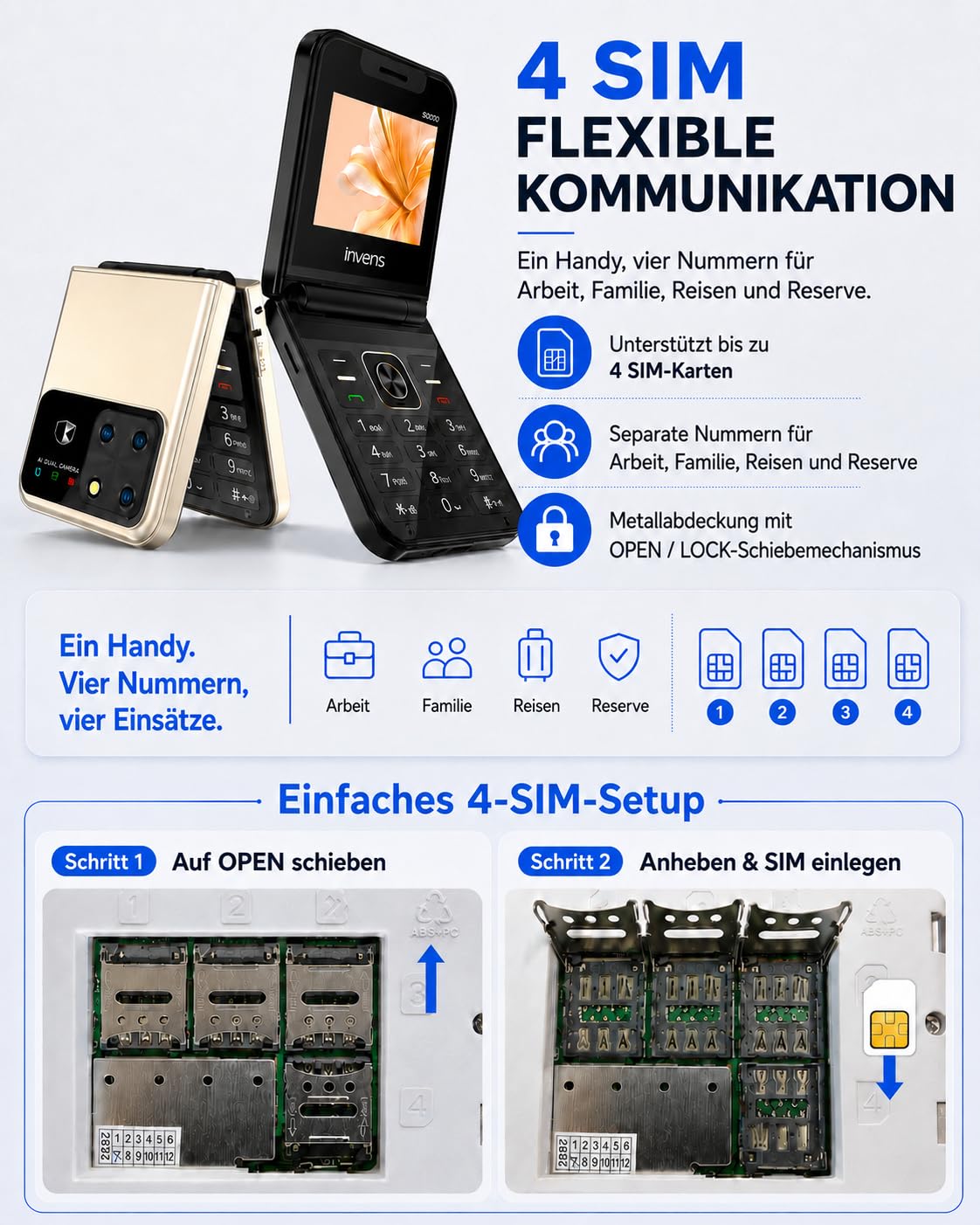invens Seniorenhandy Klapphandy ohne Vertrag, 4 SIM-Karten, 1700-mAh-Akku