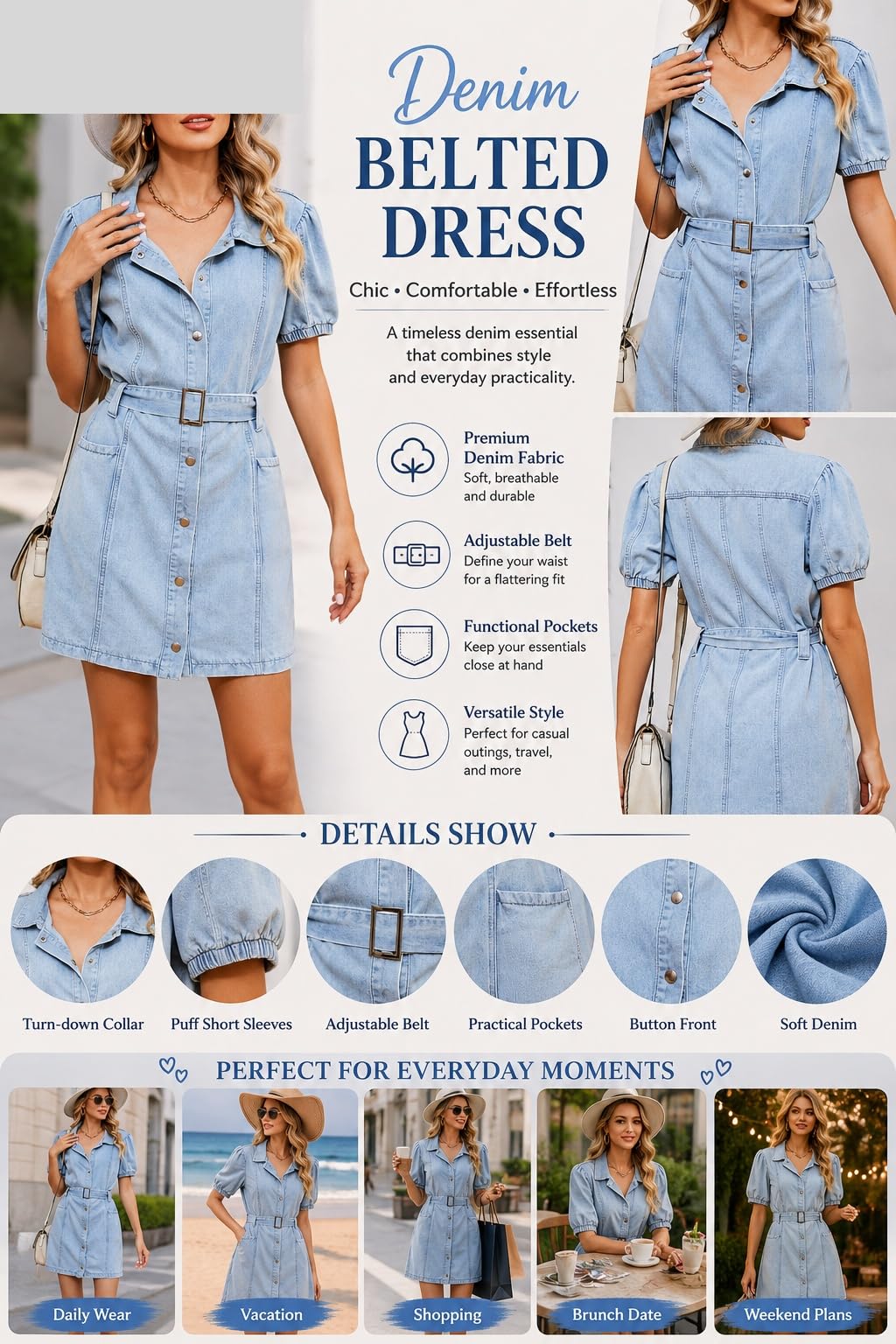 Vestidos Vaqueros para Mujer De Manga Corta Abullonada Estilo Casual De Verano con Bolsillos y Botones Ideales para Viajes Compras y Uso Diario.