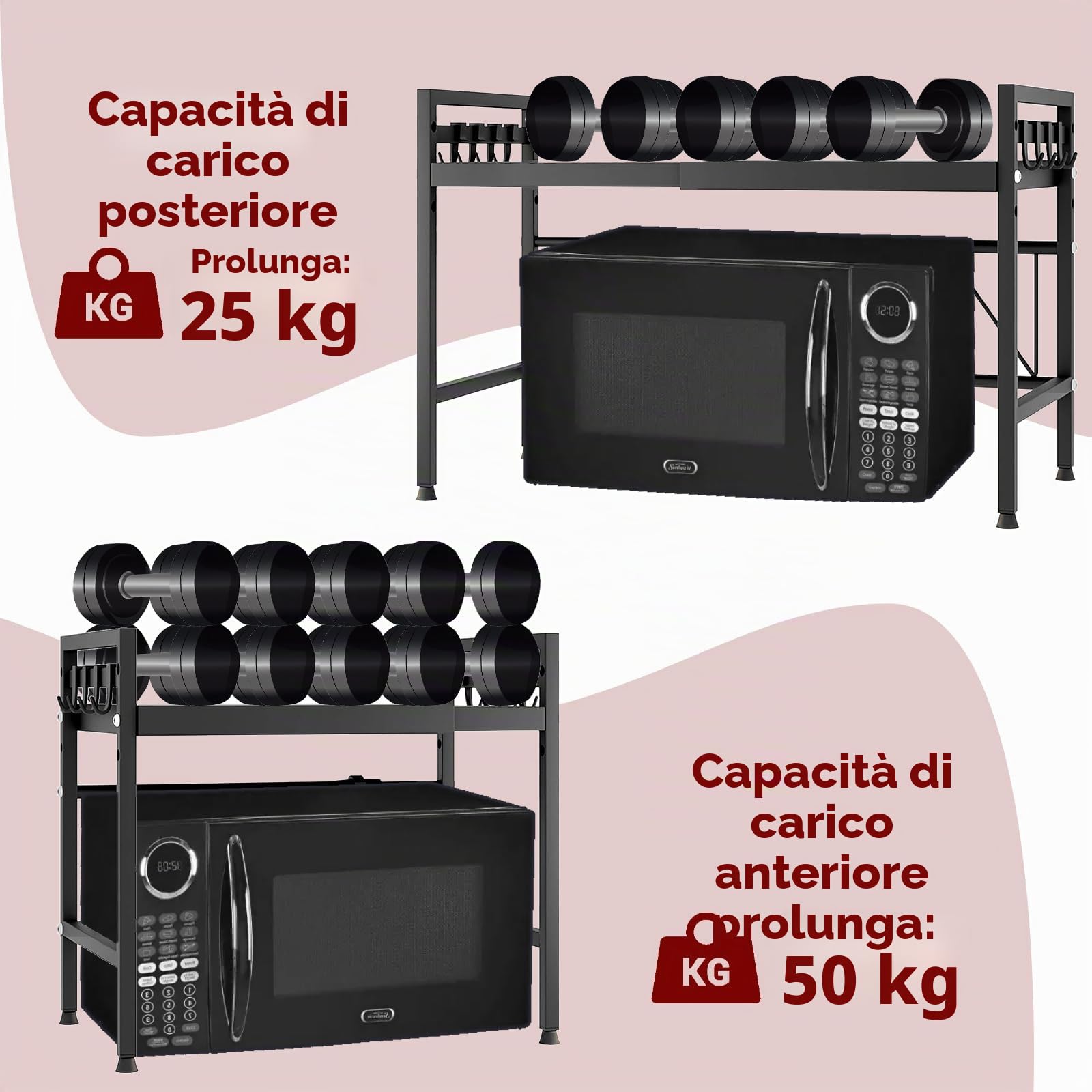 Mensola Microonde, Scaffale da Cucina Estensibile, Supporto Microonde Salvaspazio, Ripiano per Microonde con 6 Ganci 1 Porta Utensili da Cucina, Mobiletto Cucina Microonde Nero