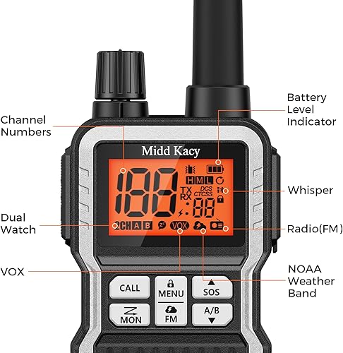 Miniatura 4 de Midd Kacy Walkie Talkies, radio bidireccional portátil GMRS de 60 canales con 121 códigos de privacidad, alertas meteorológicas SOS, NOAA, VOX,