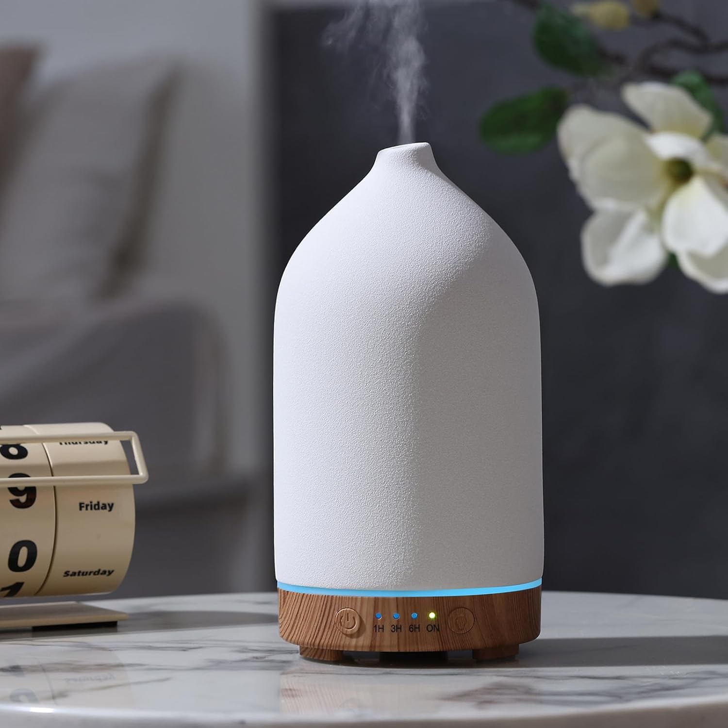 Ceramiczny dyfuzor olejków eterycznych 200 ml, ultradźwiękowy aromaterapia i nawilżacz z 7-kolorowymi światłami LED, automatyczne wyłączanie, podstawa słojów drewna, timer 1H/3H/6H, zapach do domu