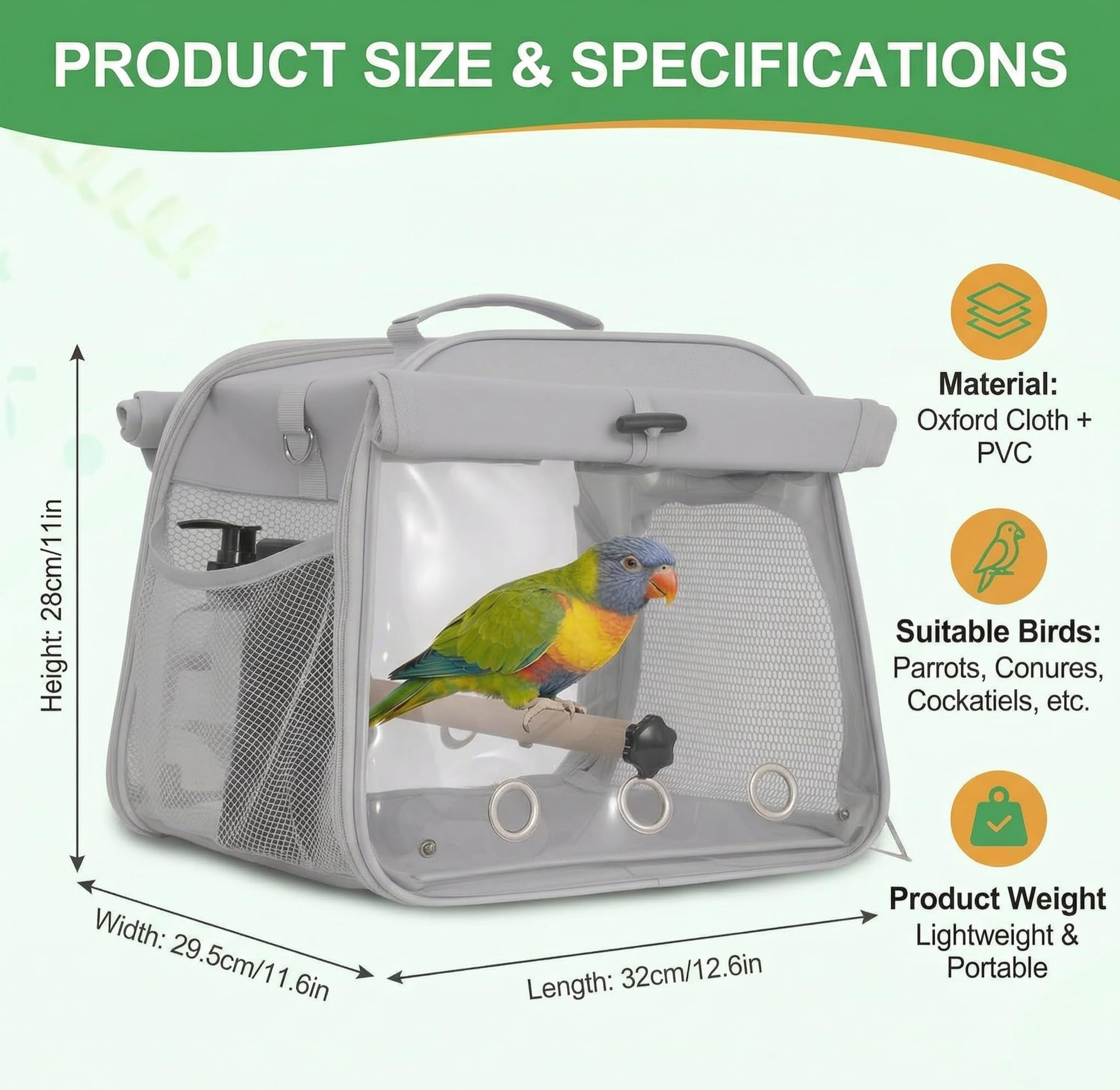 Jaula de viaje para pájaros pequeños, bolsa portátil con perchas de pie para loros, mochila transpirable para pájaros con ventana transparente para periquitos, cacatúas, periquitos, color gris