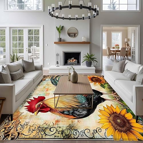 Miniatura 4 de 8x10 Area Rugs, Retro Rooster Non-Skid Rubber Backing Large Rectangle Rugs - Living Room Bedroom Home Office, Pastoral Sunflower Watercolor Animals
