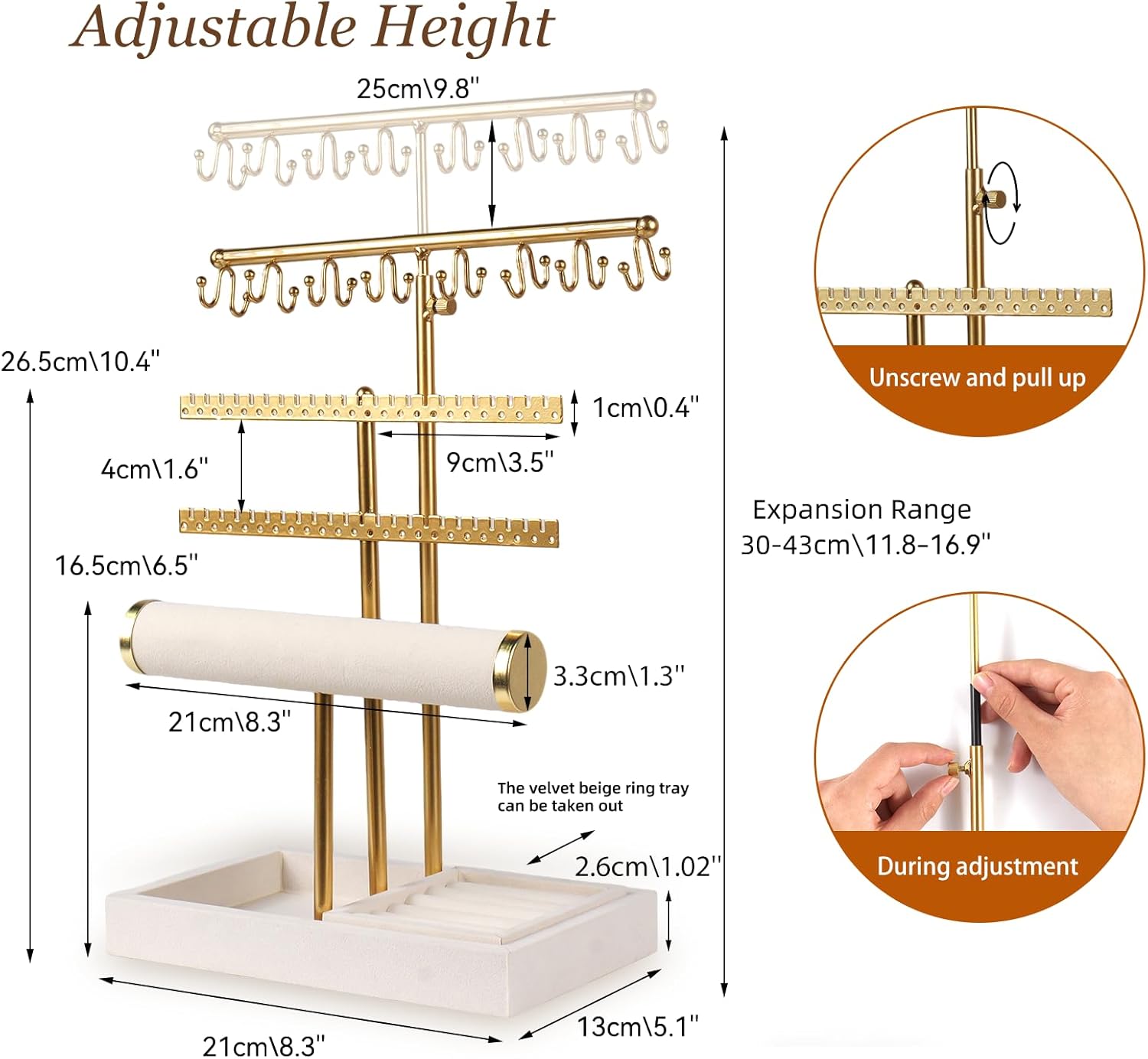 3 Tier Jewelry Organizer Stand with Ring Tray - Adjustable Tall 17.7" (Max), Jewelry Holder for Necklace, Bracelet, Earring, Ring Storage, Jewelry Display Storage Stand for Women