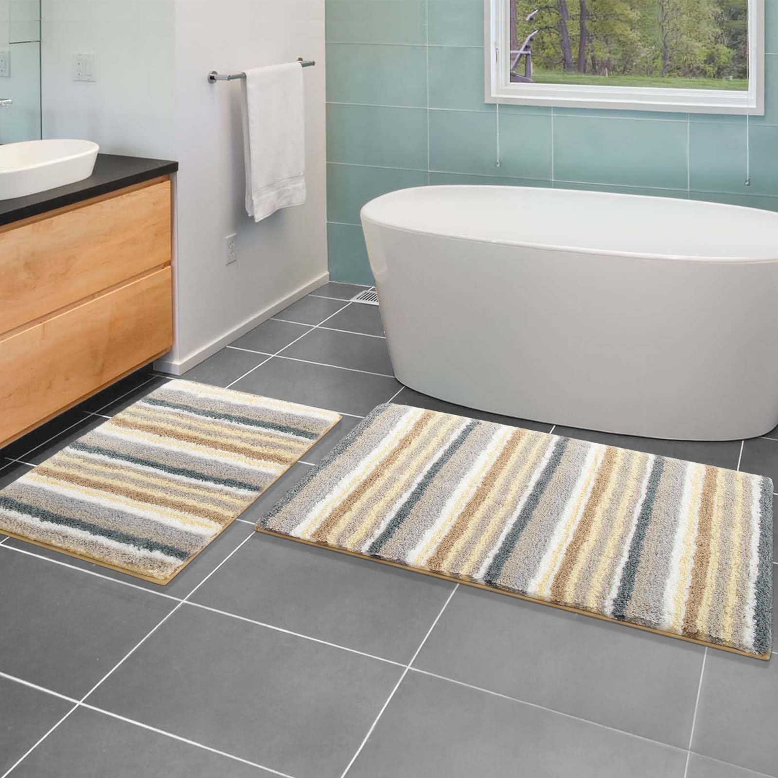 Carvapet Bathroom Rug Mat 2 Piece Set Soft Absorbent Fluffy Microfiber Bath Rug Set Non-Slip Shaggy Bath Mats Machine Wash Dry Bathroom Floor Mats, Yellow Grey White, 17"x24"+20"x32"