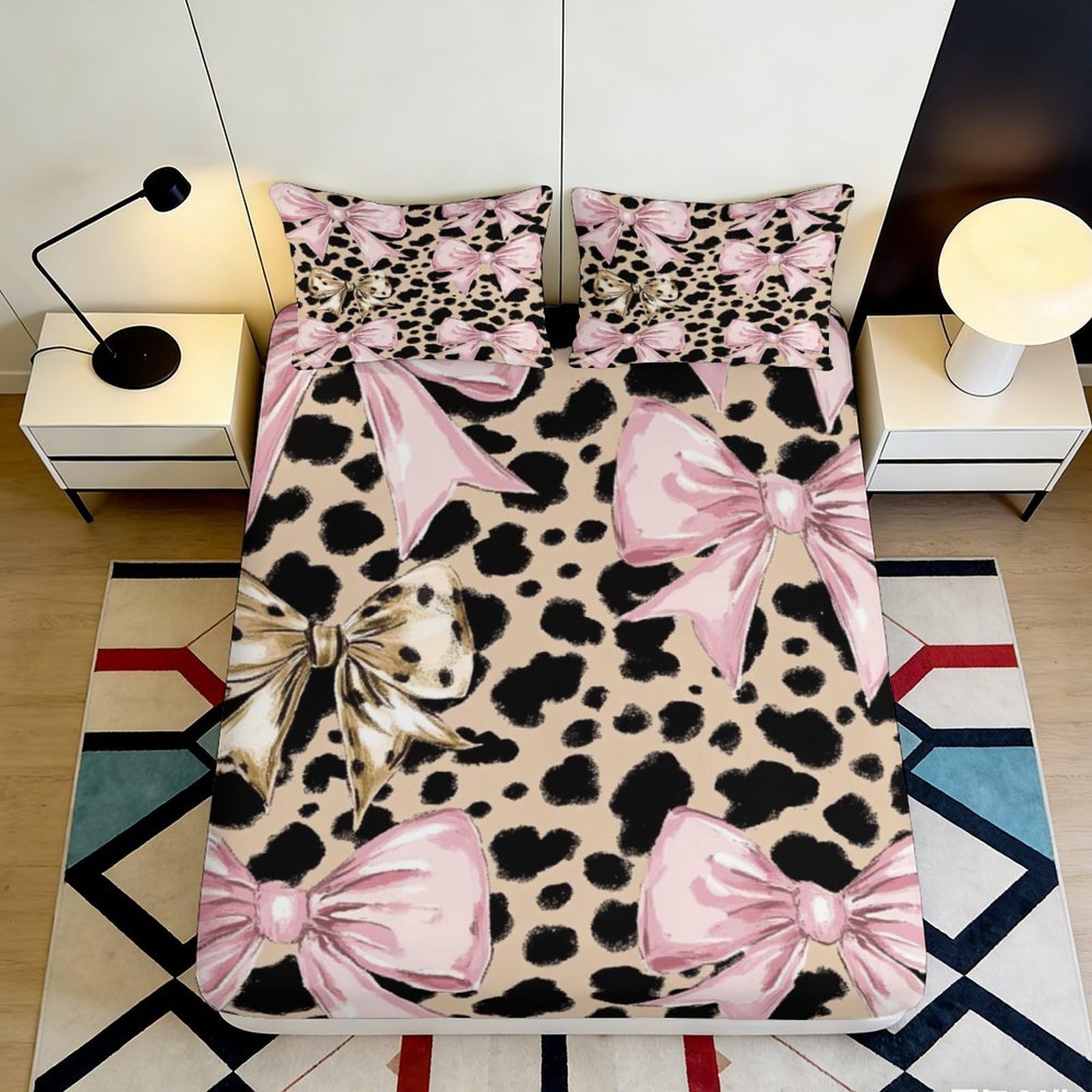 3D Printed Pink Bow Leopard Fitted Sheet Microfiber Anti-Slip Bed Cover for Bedroom Guestroom Dorm Mattress Protection 90x200x25cm