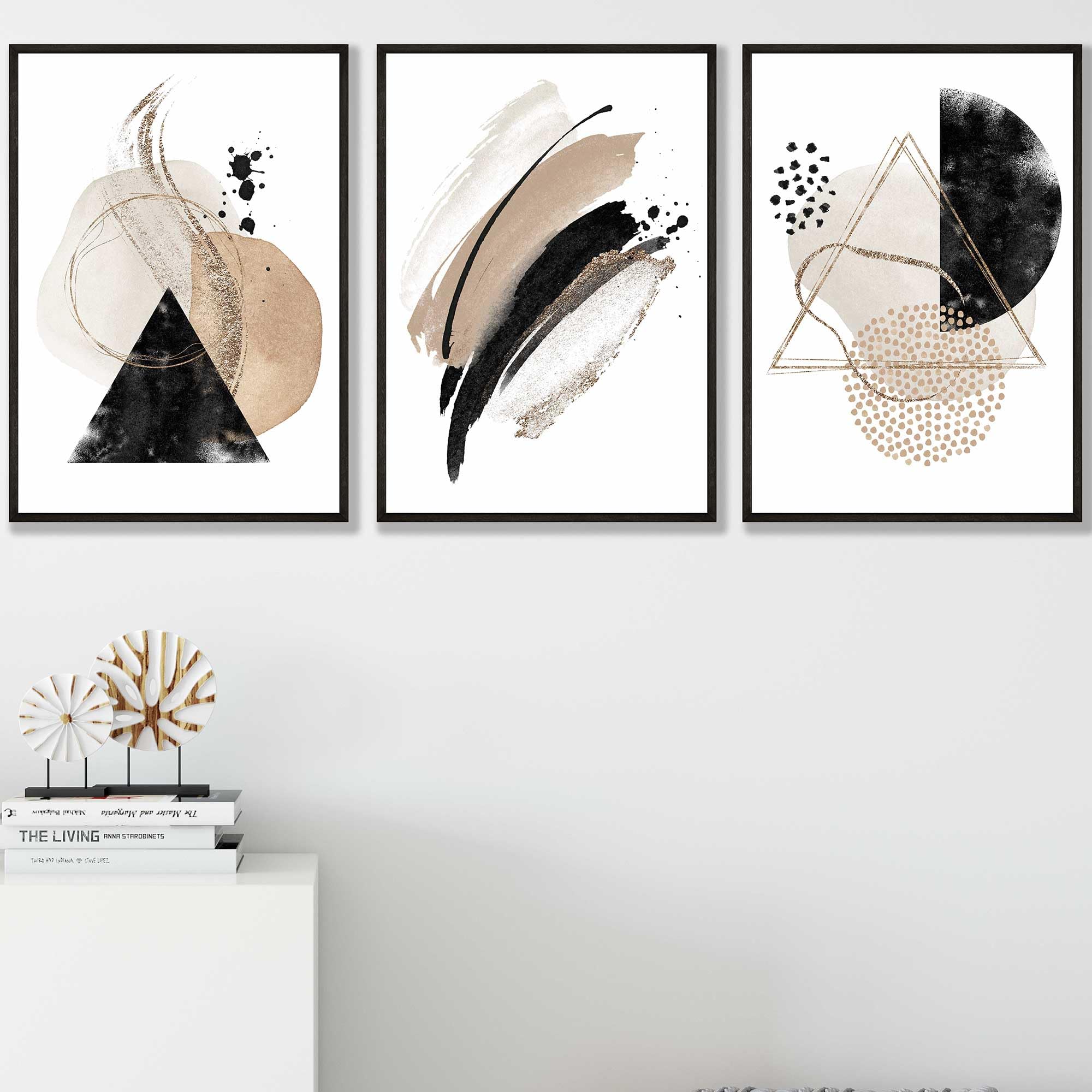 ARTZE Set of 3 Abstract Black and Beige Wall Art Prints Only Size: (A3-29.7 x 42 cm), Beige / Black, A3 - Prints Only