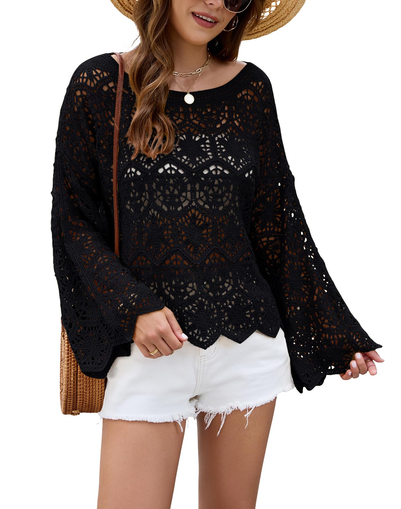 Allimy Womens Oversized Long Bell Sleeve Boat Neck Crochet Tops Hollow Out Knit Sweater Pulllover Tops Coverup Outfits