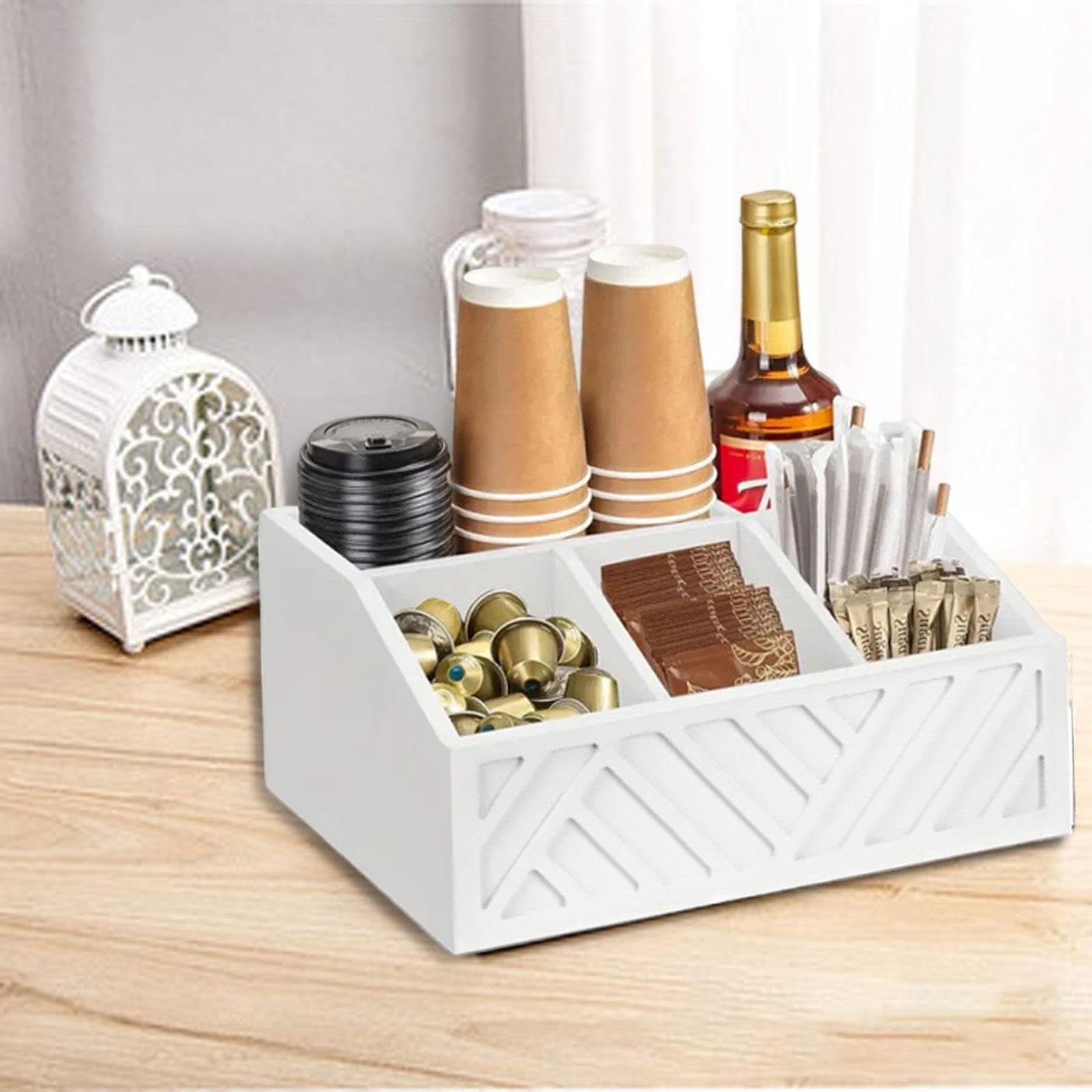 Coffee Station Organizer Organizador Multifuncional para Café y Té, Caja Portátil de Madera para Almacenar Condimentos, para Infusiones Azucarillos Tazas Cápsulas, Blanco