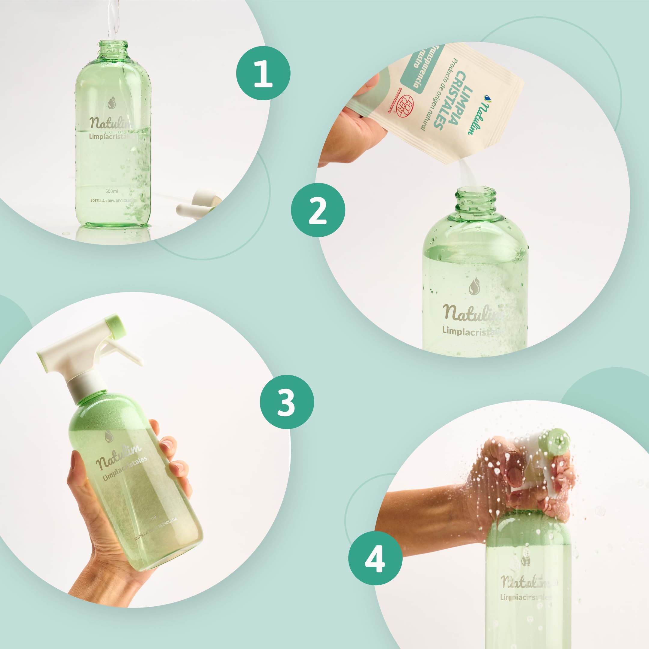 Natulim Confezione di detergenti per vetri – Pulizia profonda e senza traccia per superfici trasparenti – Set spray ricaricabile da 500 ml + 2 buste di ricarica (1 bustina = 500 ml).