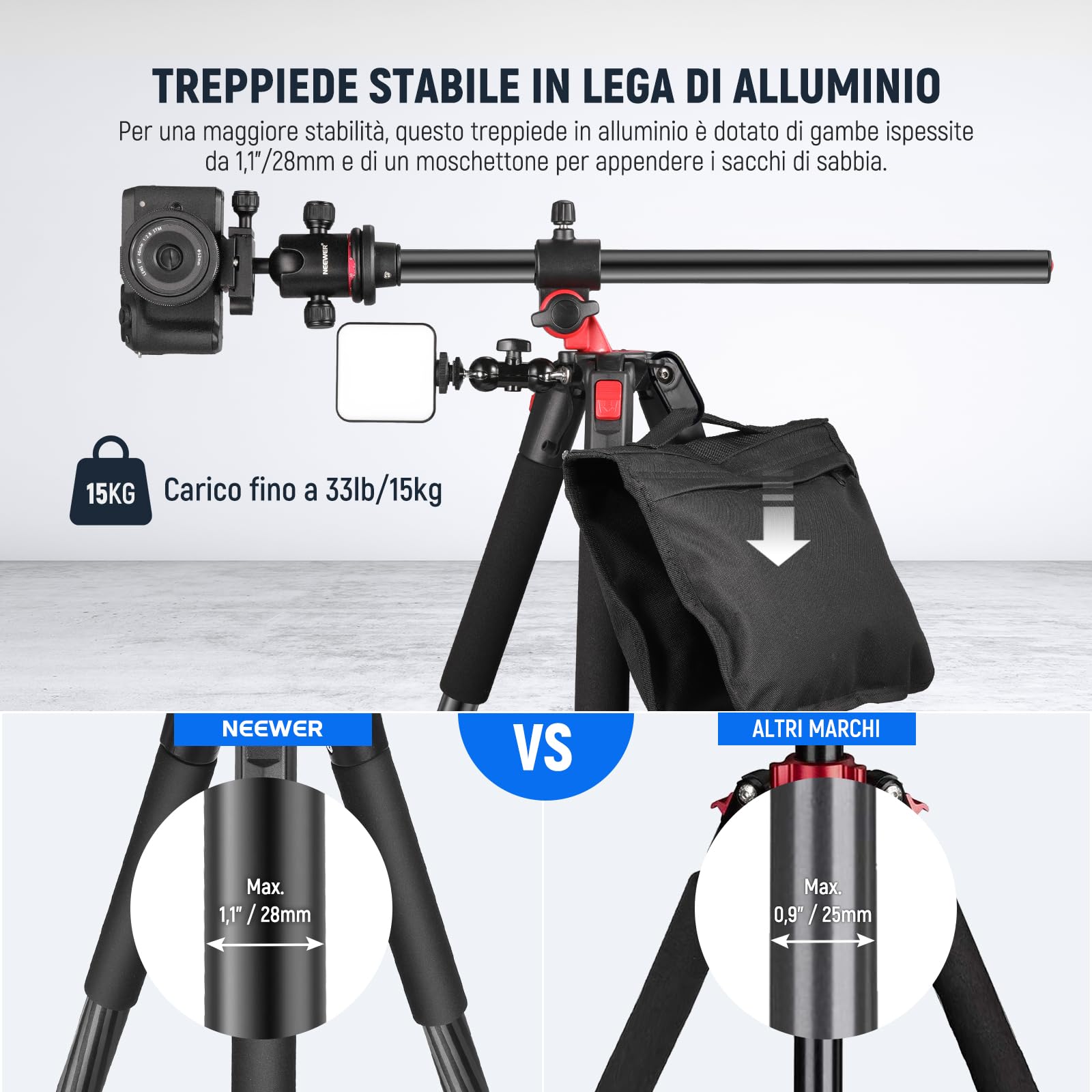 NEEWER 184cm Treppiede Monopiede per Fotocamera con Colonna Centrale e Testa a Sfera in Alluminio, Piastra QR Tipo Arca, Borsa, Treppiede Braccio Orizzontale per Fotocamera DSLR, Videocamera, Max 33lb