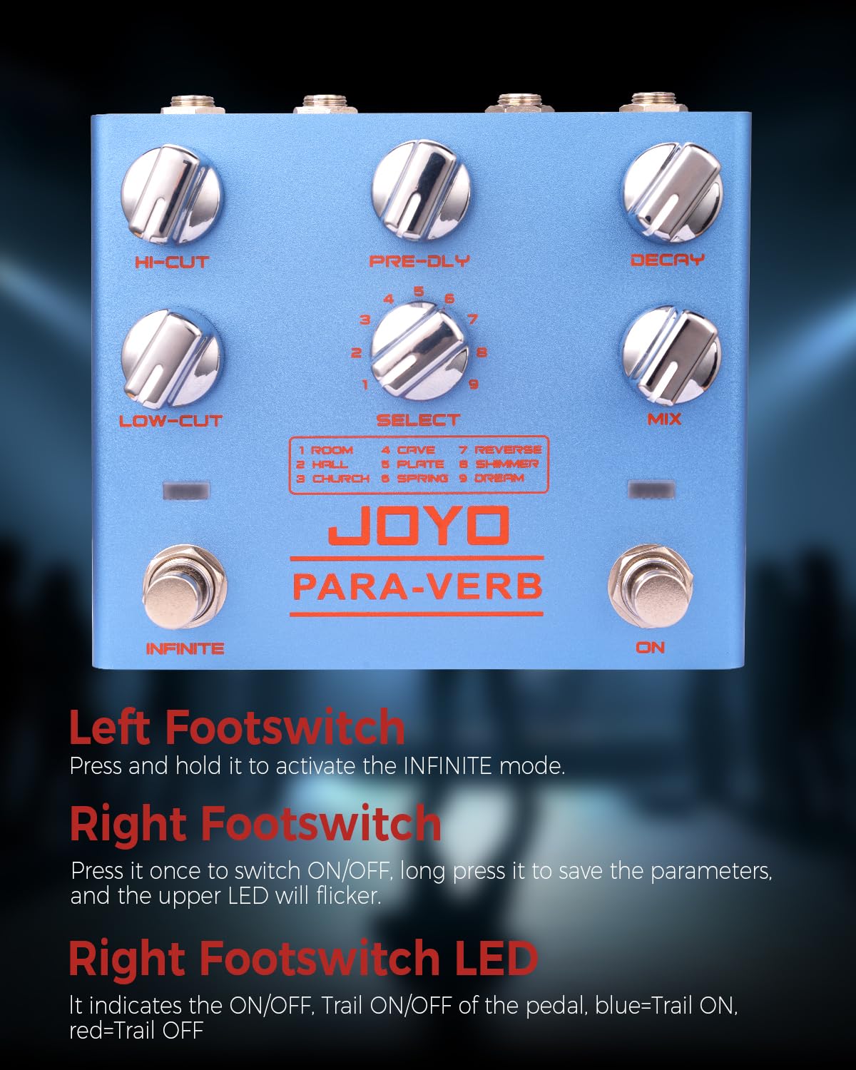 JOYO Reverb Pedal Digital Stereo mit 9 Reverb-Effekten Infinite und Trail für E-Gitarre True Bypass (Para-Verb R-31)