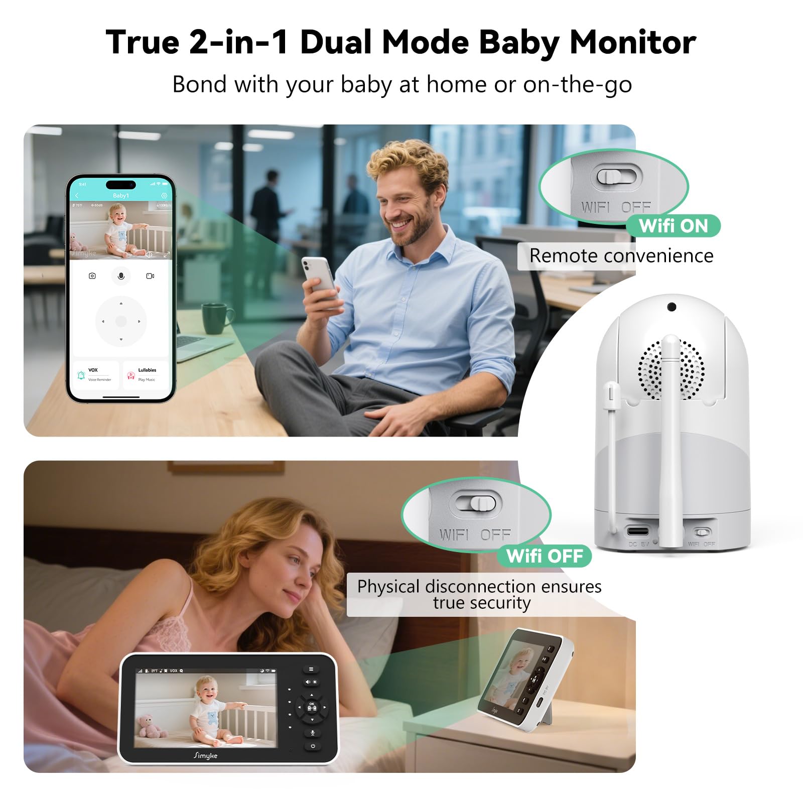 Simyke 1080P Video Baby Monitor with 2 Camera- 5'' IPS Screen with App Control, HD Night Vision, Motion Alerts, 2-Way Talk - Image 2
