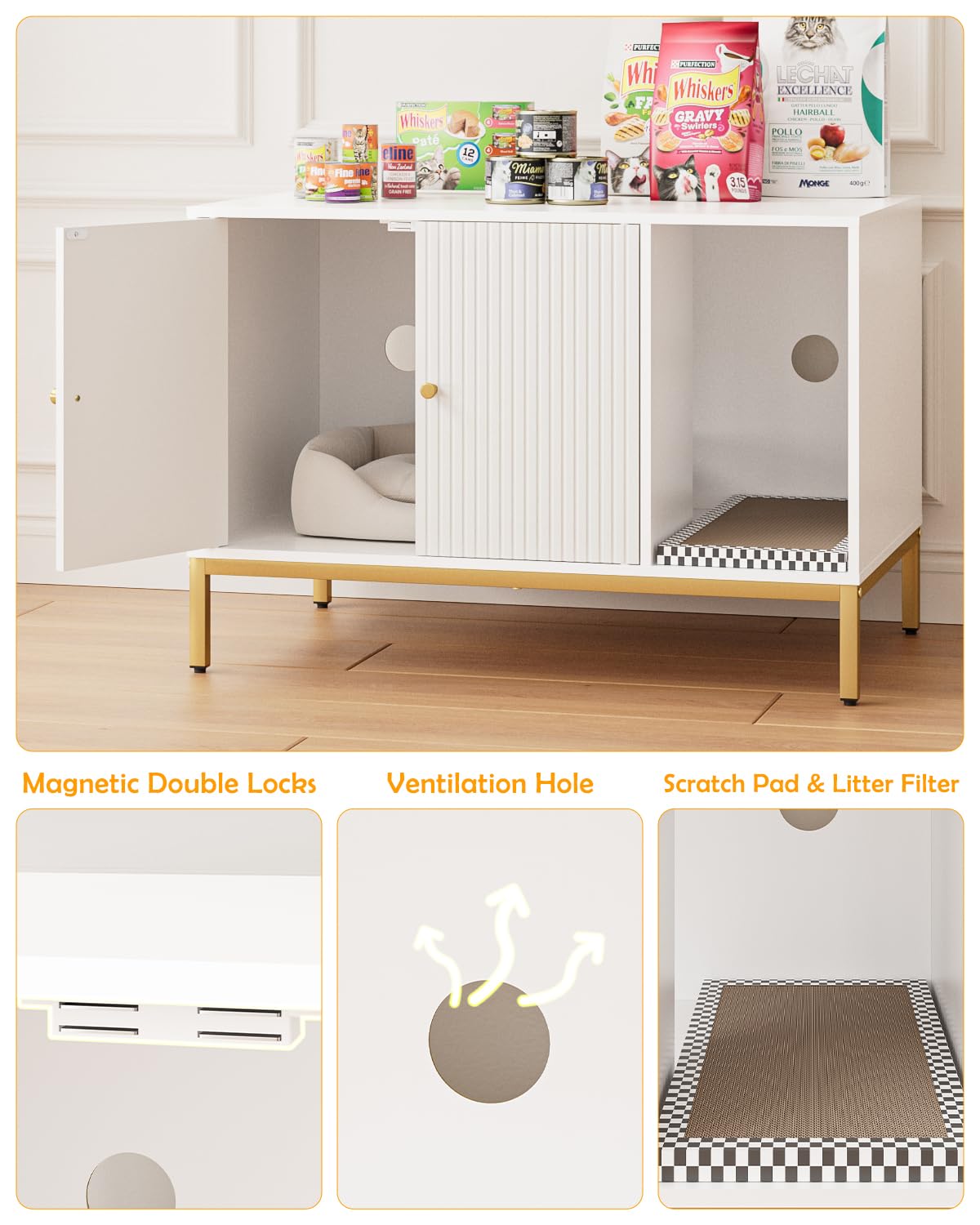 Cat Litter Box Enclosure, Modern Hidden Litter Box Furniture with Scratching Pad, Wooden Cat House Cabinet with Gold Metal Legs, Fit Most of Litter Box,White and Gold - image 4