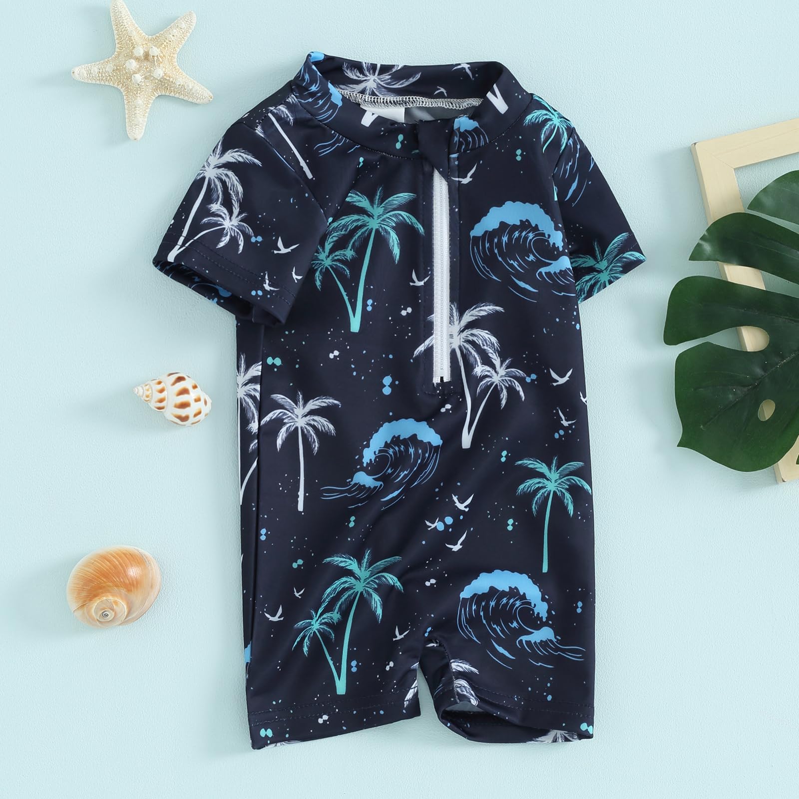 Dcohmch Baby Boy Swimsuit Rashguard Cartoon Print One Piece Bathing Suit Toddler Zipper Swimwear 6 9 12 18Months 2T 3T (Dark Blue, 6-12 Months)