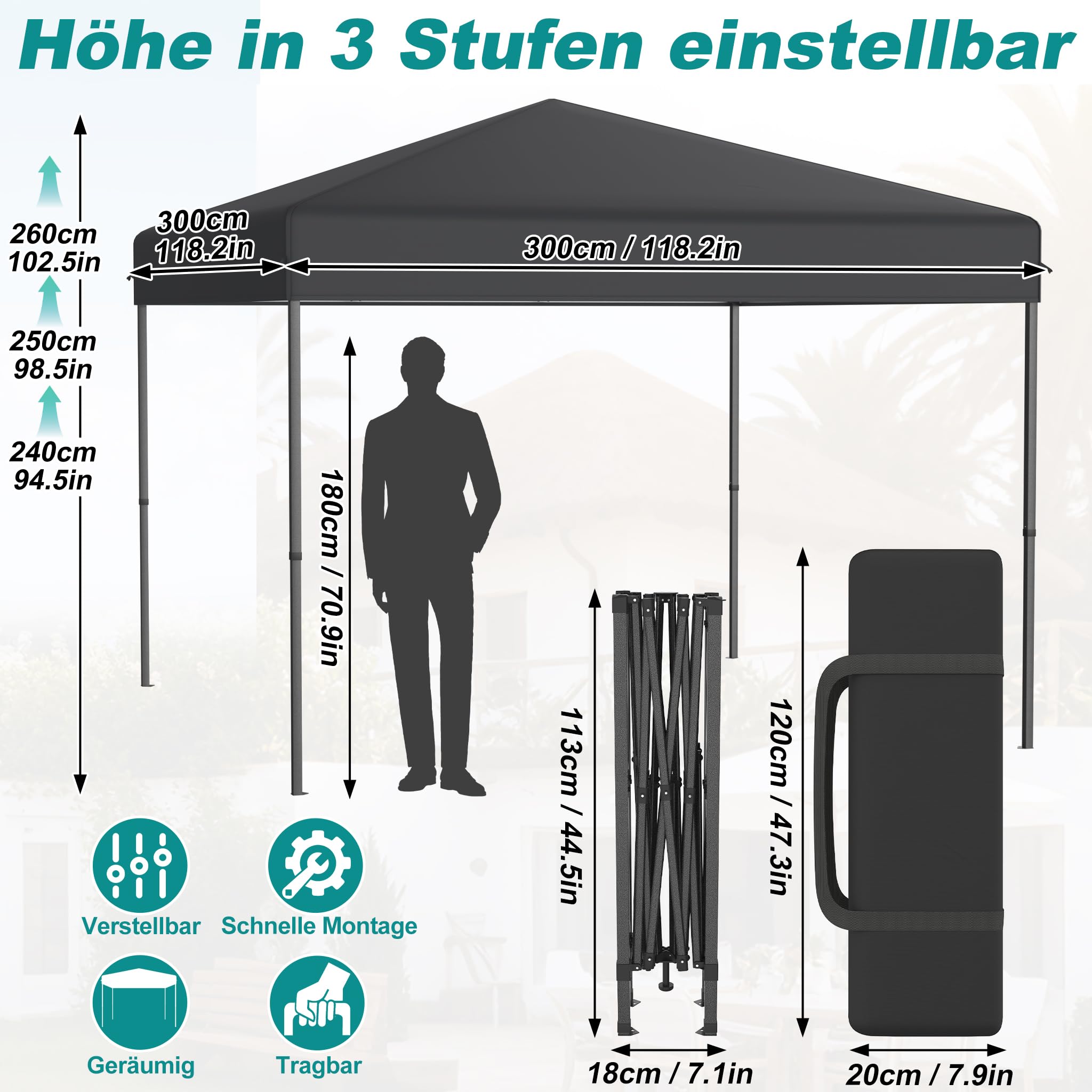 Pawilon składany 3 x 3 m, namiot imprezowy Pop-Up z wodoodporną i ochroną UV – w zestawie torba do noszenia, liny mocujące i śledzie, instalacja za pomocą jednego przycisku i regulacja