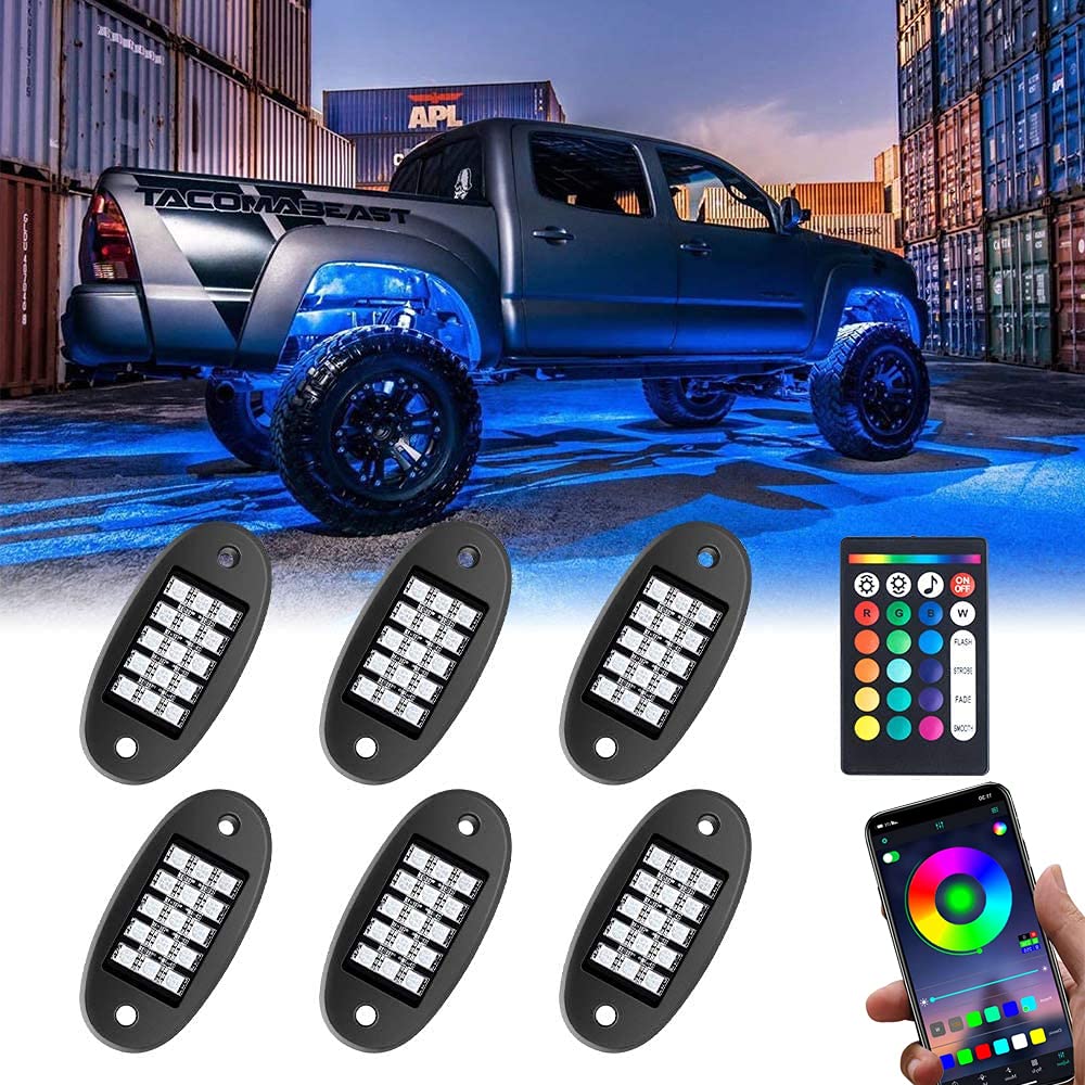 VF UAE Official Store RGB LED Rock Lights, Multicolor Underglow Waterproof Music Lighting Kit with APP & RF Control for Jeep Off Road Truck Car ATV SUV Motorcycle (6 Pods)