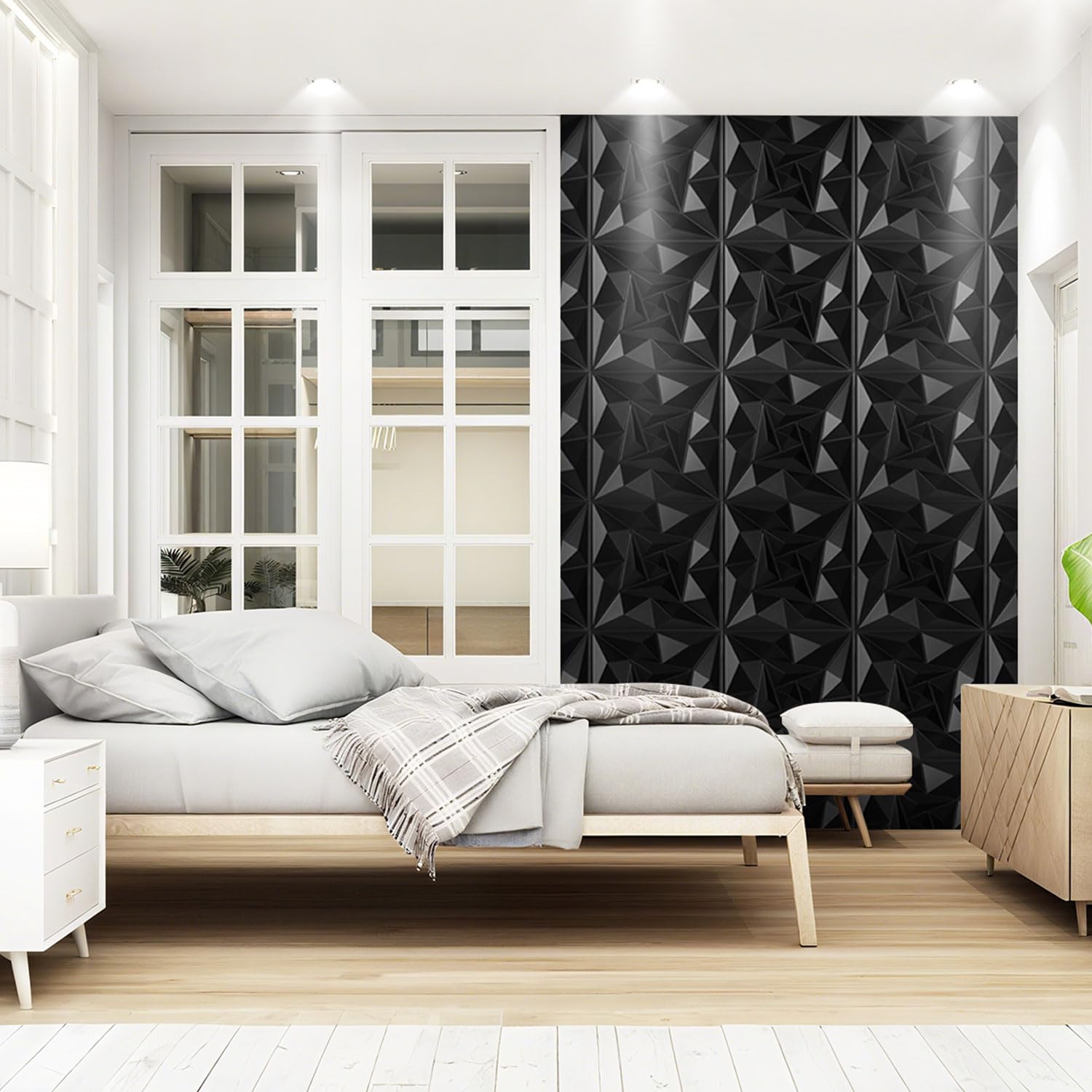 Panele ścienne 3D z diamentami, 36 sztuk, 30 x 30 cm (3,24 m²), do pokoju gamingowego, z taśmą klejącą, bardzo sztywne panele ścienne z PCW, wodoodporne, matowe czarne