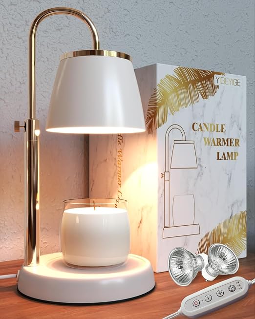 Candle Warmer Lamp with Timer & Dimmer – Adjustable Height Electric Wax Warmer for Jar Candles, Elegant White & Gold Design – Perfect for Home Decor, Gifts for Women, mom, & Candle Lovers (2 Bulbs)