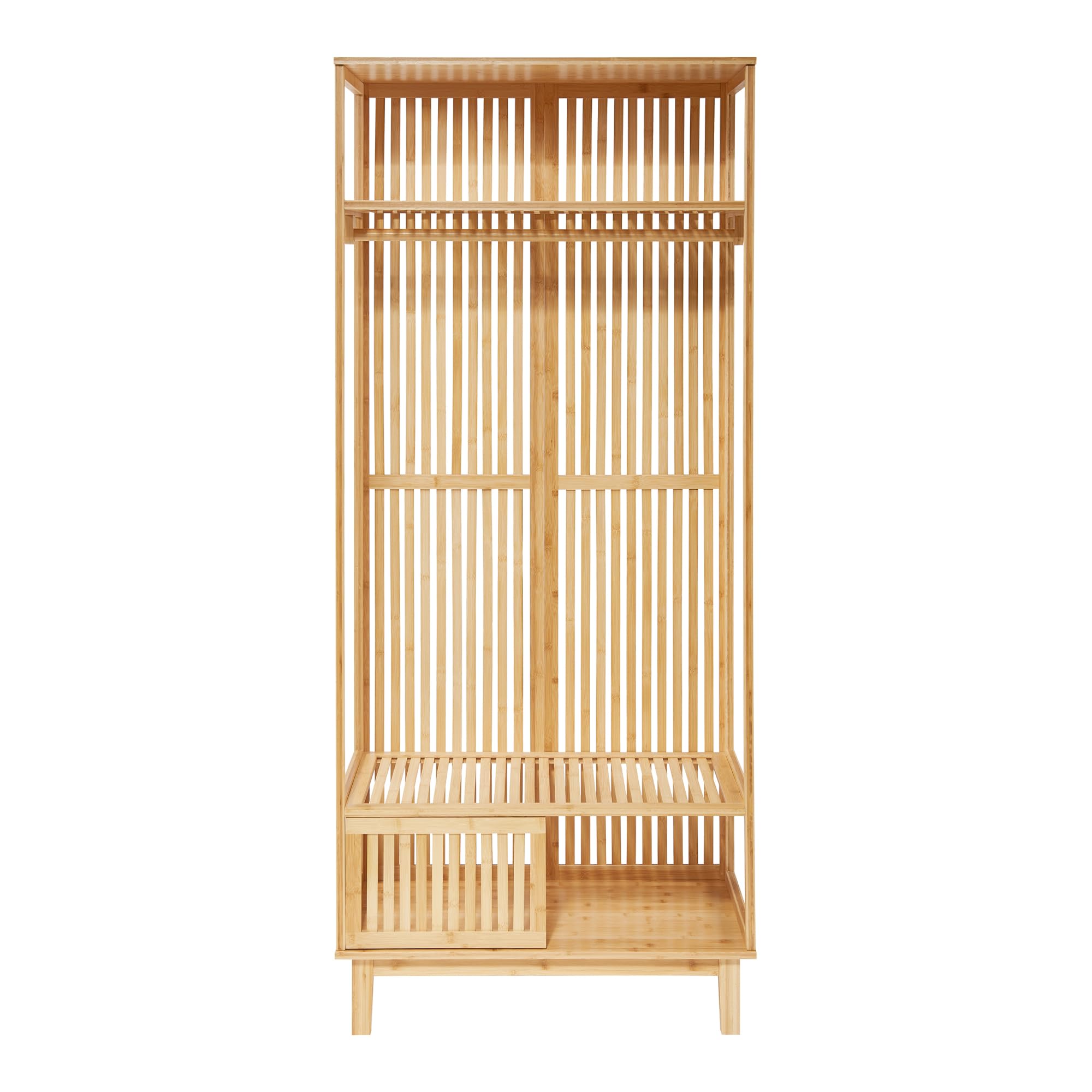 [en.casa] Perchero Burro Ypäjä con 1 Barra 2 Compartimentos Abiertos Burro Ropa con Puerta para Dormitorio Recibidor Oficina Ventilación Óptima Elegante Bambú 187 x 80 x 47cm - Color Natural