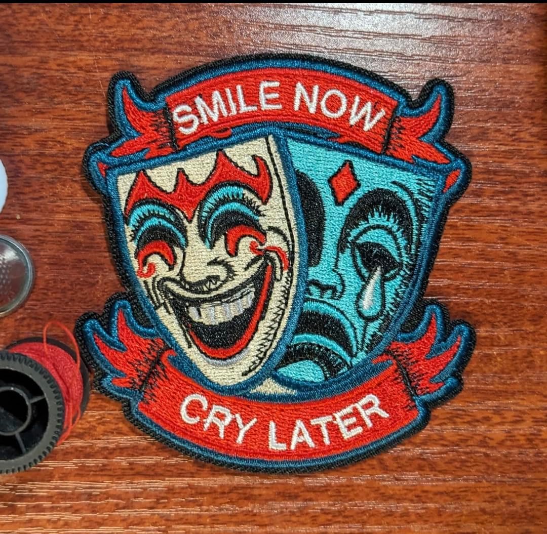 Smile Now Cry Later Patch Theatre Comedy Tragedy Drama Keep Face Cry Alone Resilience Perseverance Pop Art Embroidered Iron On Patch 3.5x3.25, Regular