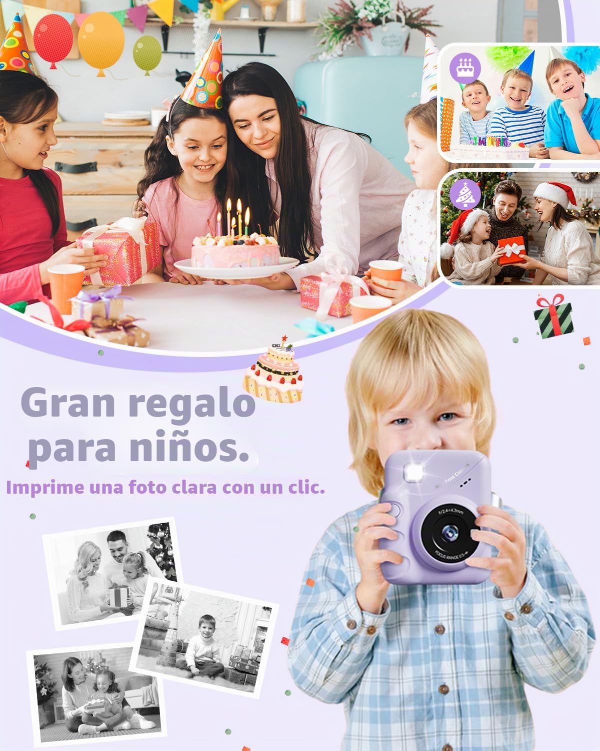 TIATUA Camara Fotos Infantil instantanea, 3,0'' HD 48 MP Cámara Instantánea para Niños con Tarjeta de 32 GB y 3 Rollos de Papel, Regalo para Niños y Niñas de 3 a 12 Años (Morado)