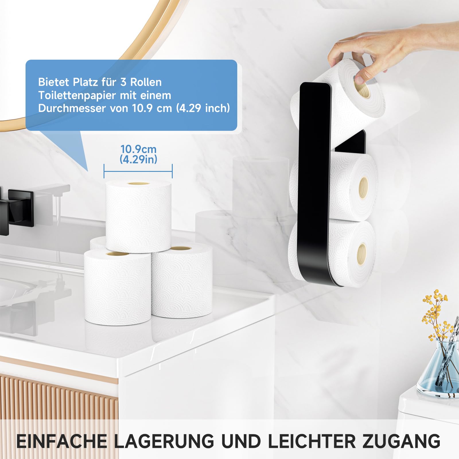 Toiletpapieropslag, zwart, zelfklevende wc-papierhouder, toiletpapierhouder zonder boren, wc-rolopslag voor 3 rollen, reserverolhouder, toiletpapier voor badkamer
