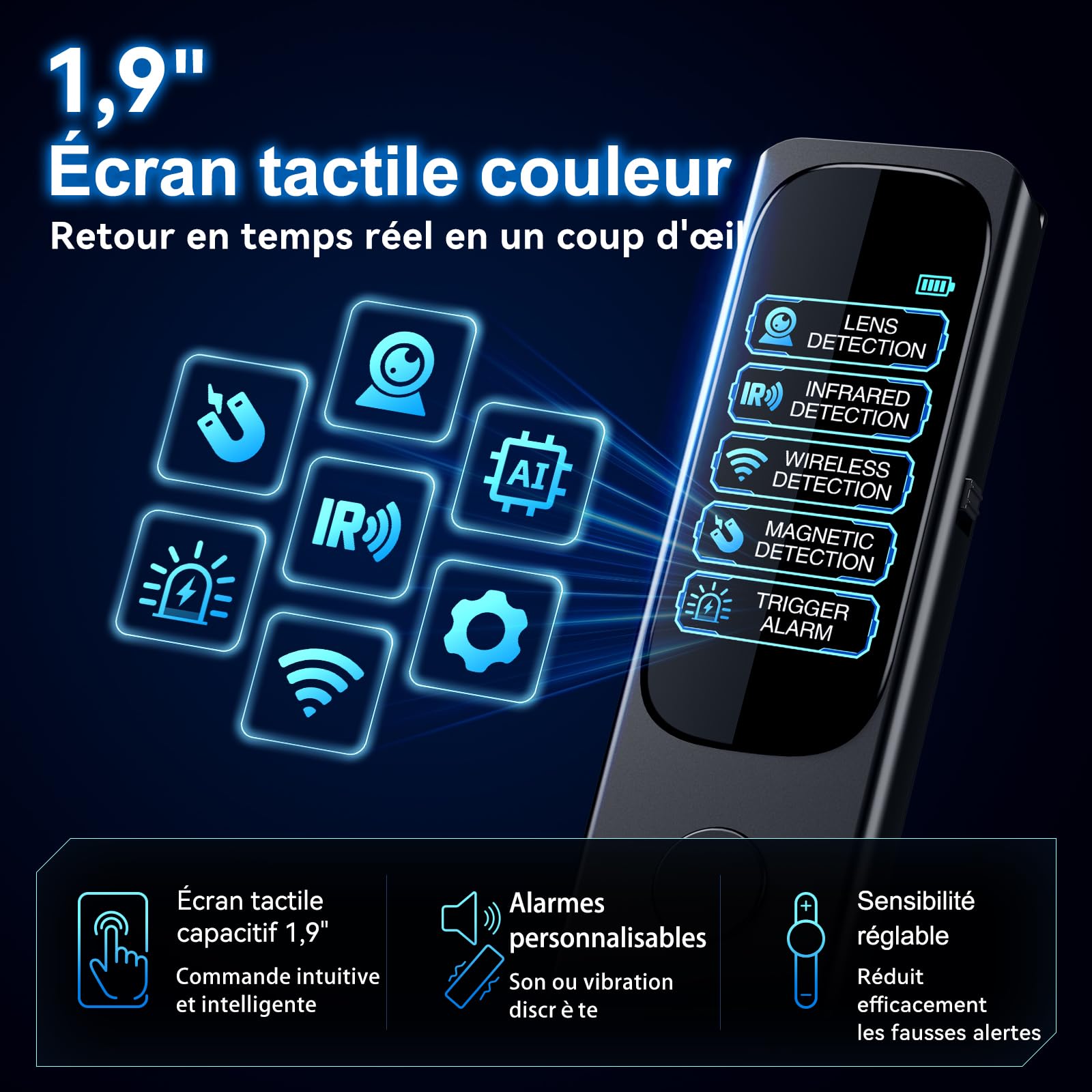 Détecteur Caméra & Micro Espion, Traceur GPS Voiture, 6-en-1 Écran Tactile | Détecteur de Traceur GPS, Scanner de Signal RF et Alarme anti-intrusion pour Hôtel, Voyage et Voiture