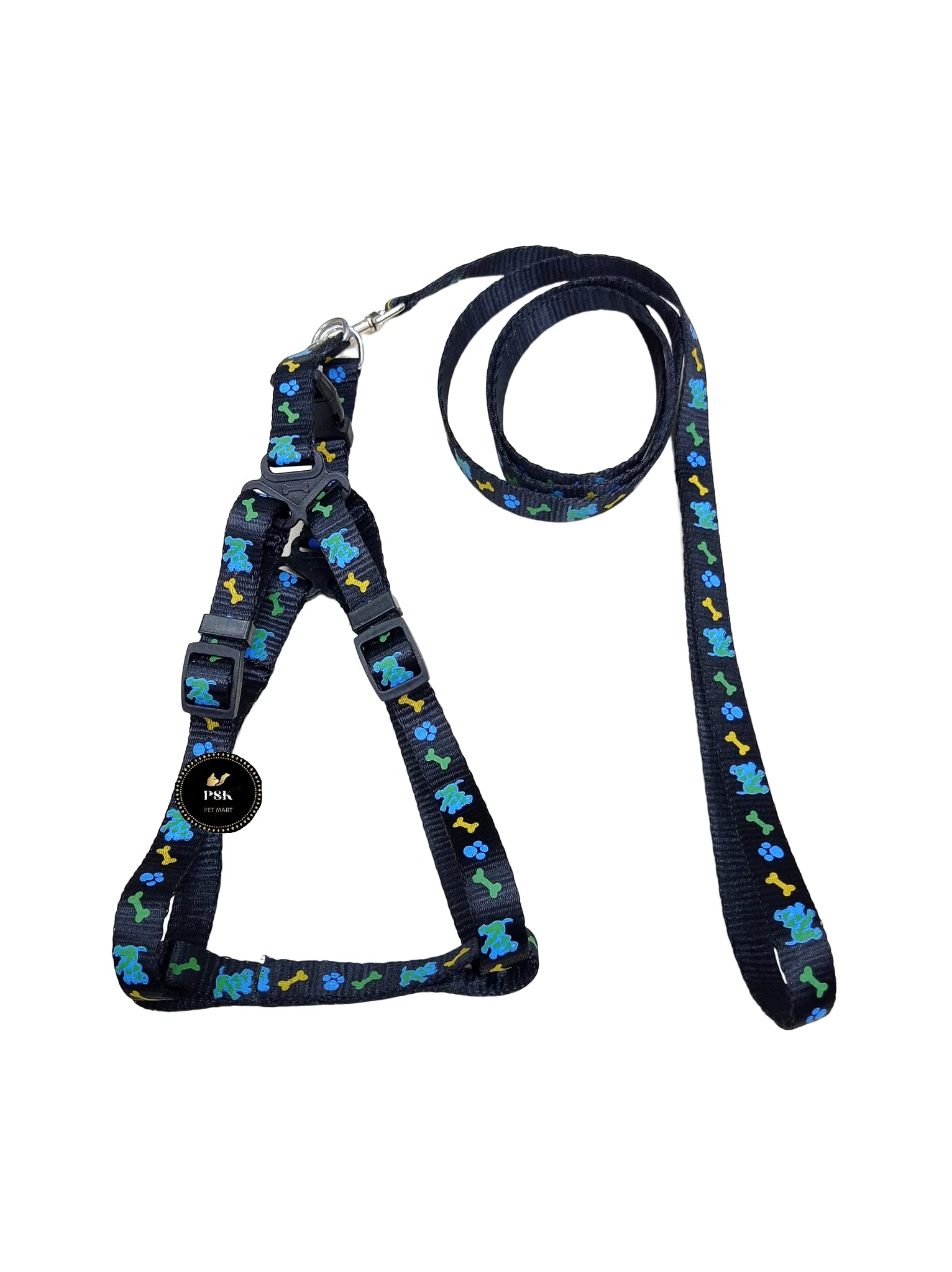 PSK PET MART Nylon Adjustable Leash with Harness Set Printed Nylon Puppy Harness for Small & Medium Dogs Colour -15mm (Black) (B0C3ZZC8BN) Amazon Price History, Amazon Price Tracker