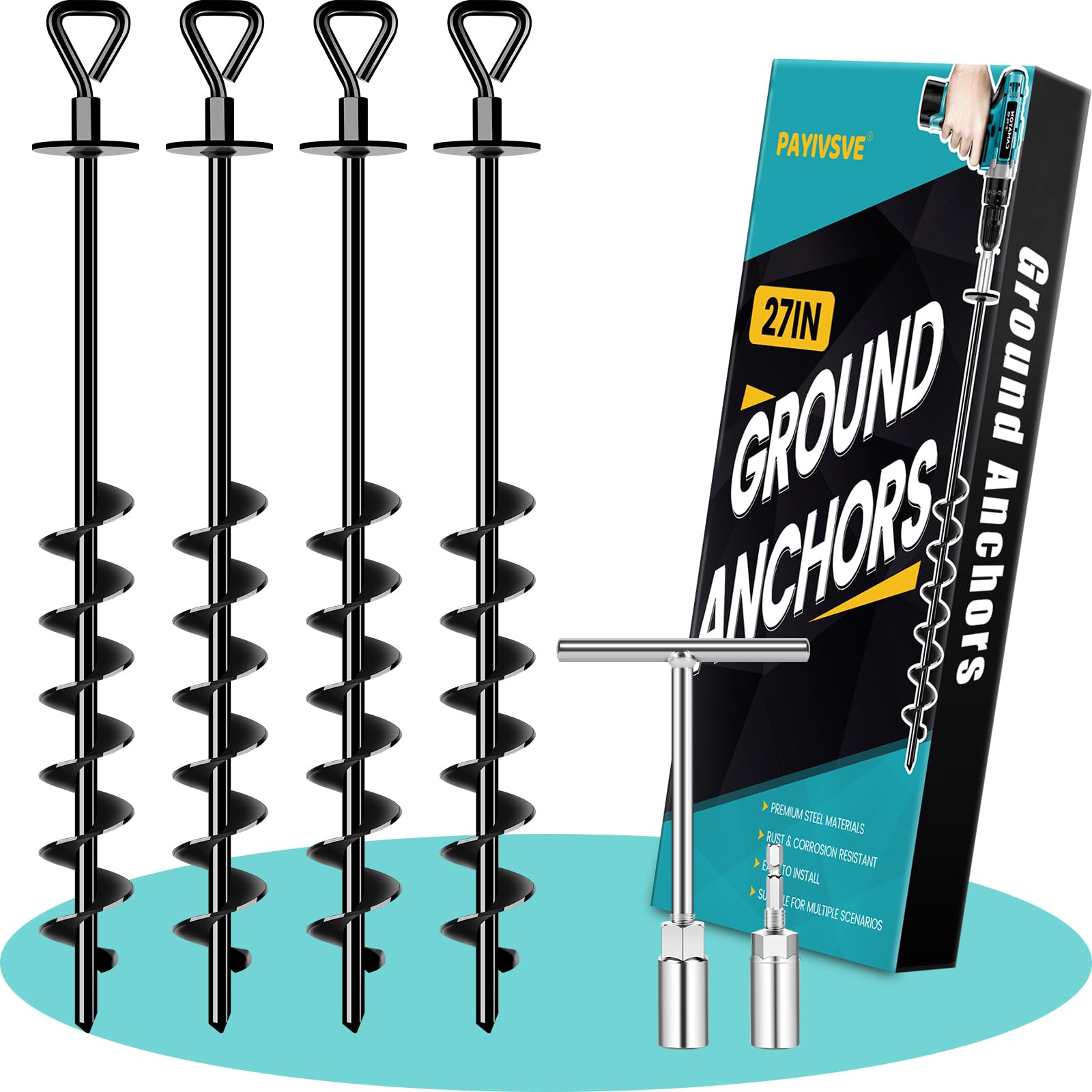 Payivsve Ground Anchors Screw in, Heavy Duty Ground Trampoline Stakes High Wind Tent Stakes for Tent, Trampoline, Gazebo, Carport, Trap Anchor,