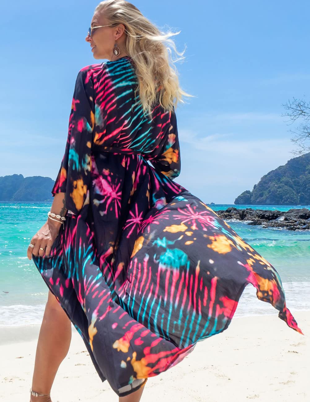 Damskie kimono, kardigan, letnia sukienka plażowa, długie ponczo plażowe, maxi pareo, nadruk kwiatowy, Kolor 20, jeden rozmiar