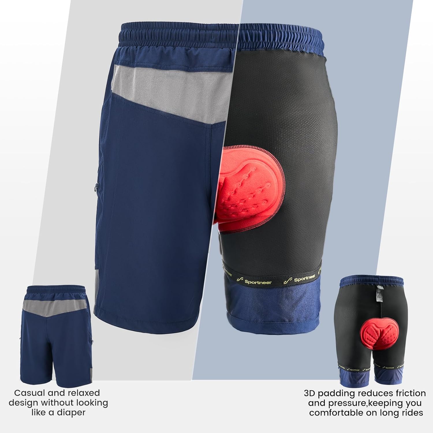 Sportneer Bike Shorts for Men: 3D Padded Lightweight Riding Biking Cycling Mountain Bike Shorts for Men with Zipper Pockets - Image 2
