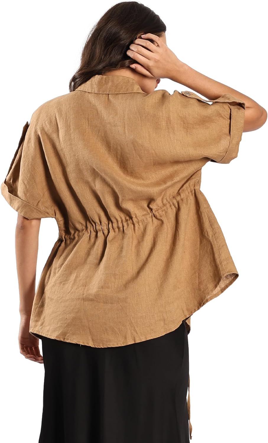 Womens Pure Linen Shirt Buttons Down Short Sleeve with Waist Tie Trendy Blouse - Image 4