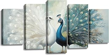 Peacock Canvas Wall Art 5 Piece Greed and White Peacock Couple Pictures Elegant Animal Painting Prints Romantic Kiss Art for Wall Decor FramedArt-4,8x14inx2 8x18inx2 8x22inx1