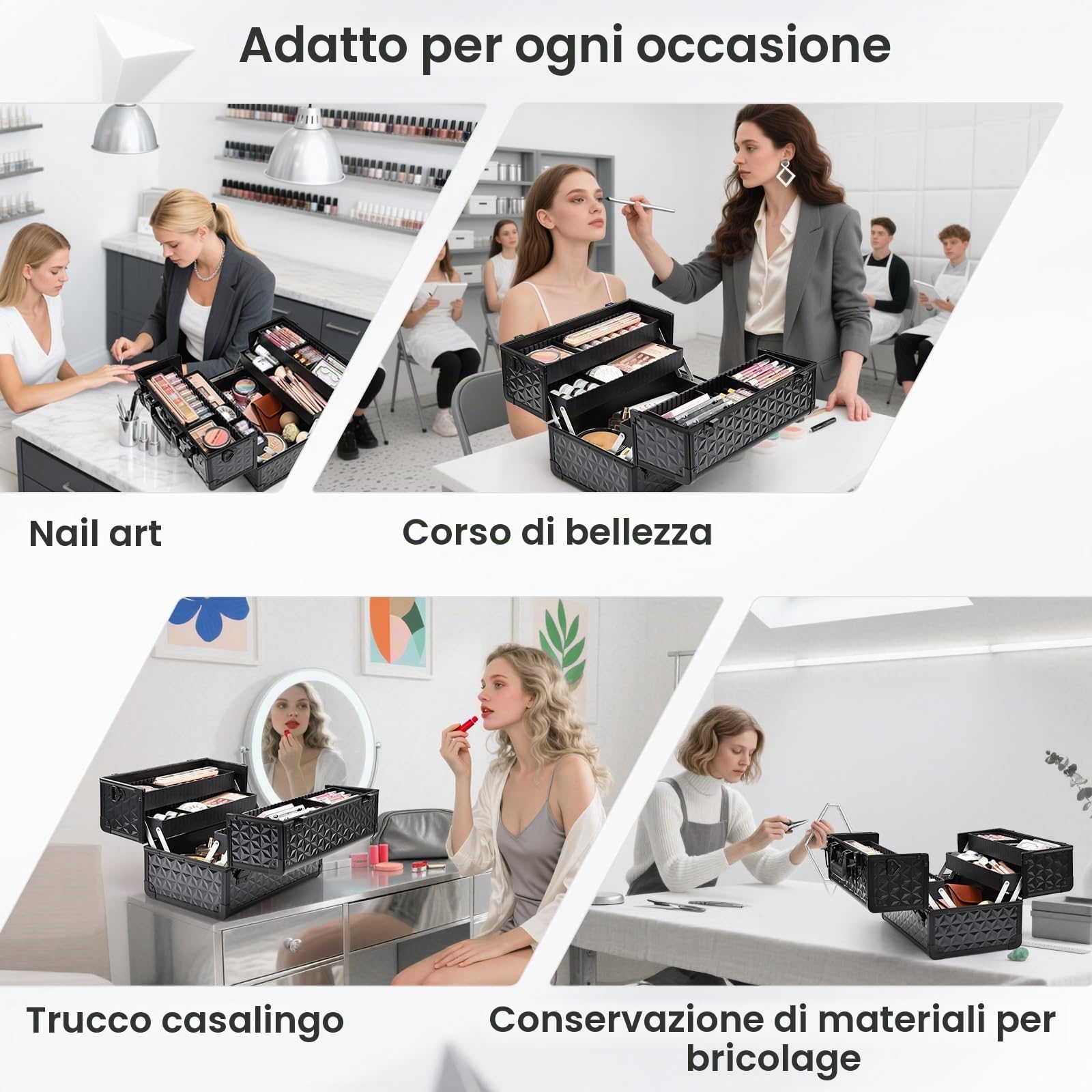 Valigetta Trucchi Professionale Beauty Case Valigetta Unghie in alluminio con 4 vassoi divisori regolabili Chiusura Porta Trucchi con lucchetto Portatile con tracolla, Nero